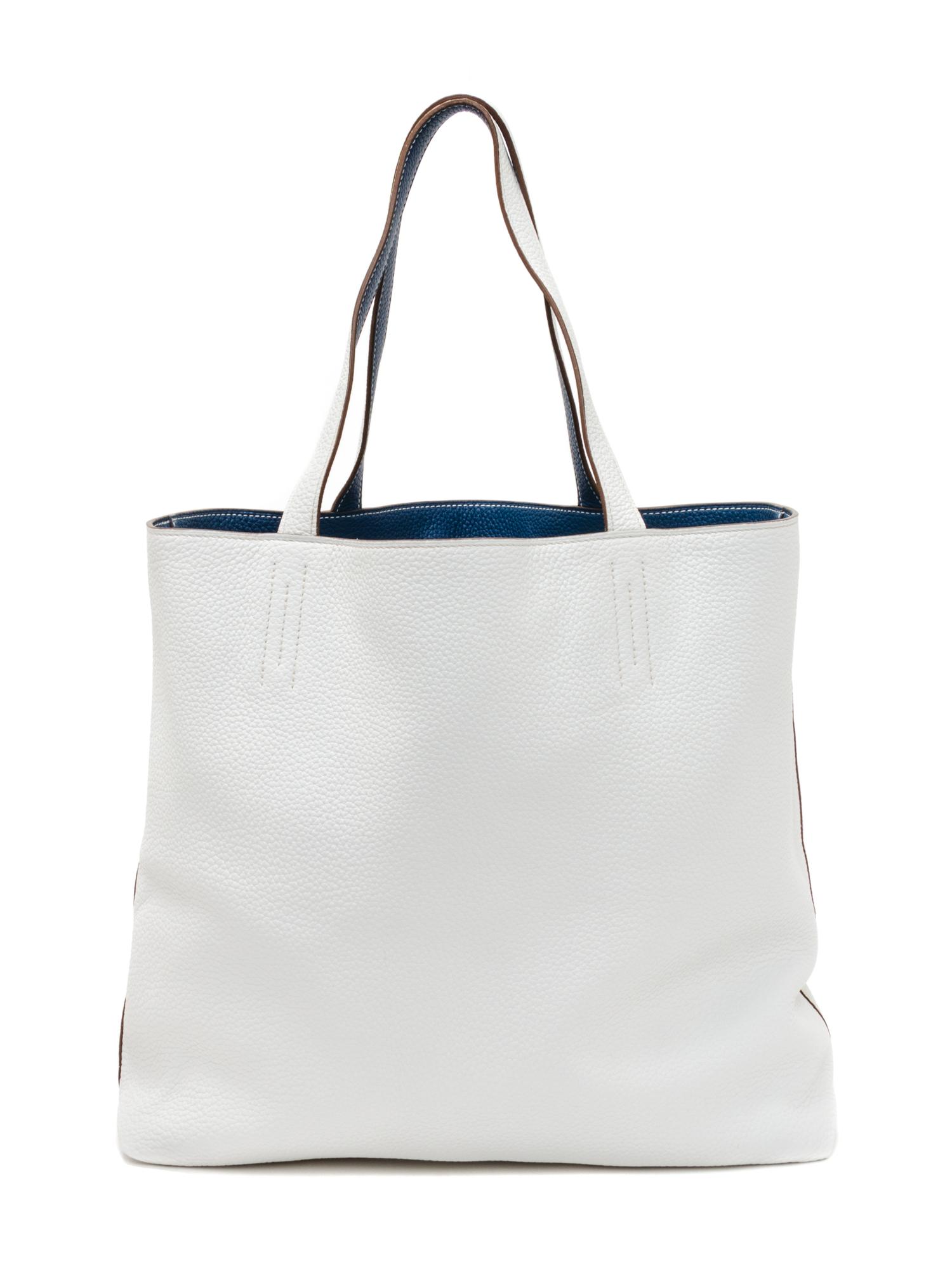 An Hermes Blanc/Bleu 45cm Taurillon Clemence Double Sens Tote, 17.5" x 15.5" x 5".