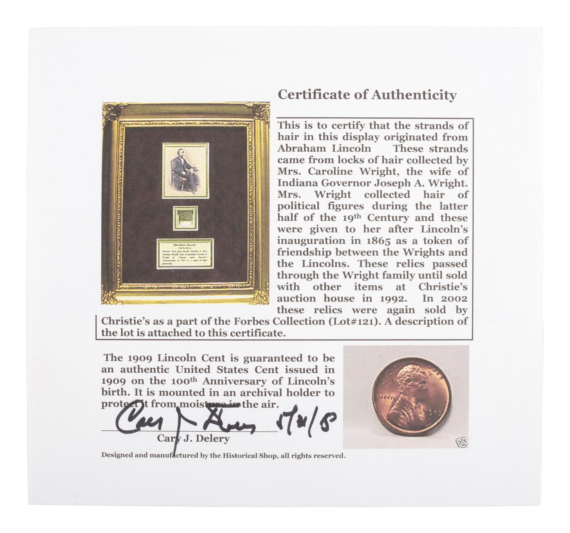 [LINCOLN, Abraham (1809-1865)]. Strands and lock of hair attributed to Abraham Lincoln.