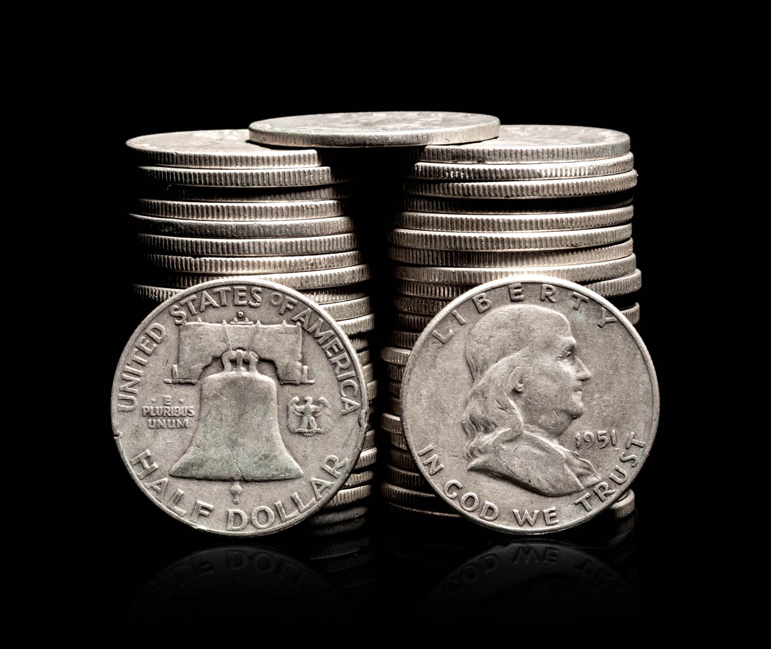 A Group of Forty-Seven Benjamin Franklin 50c Coins