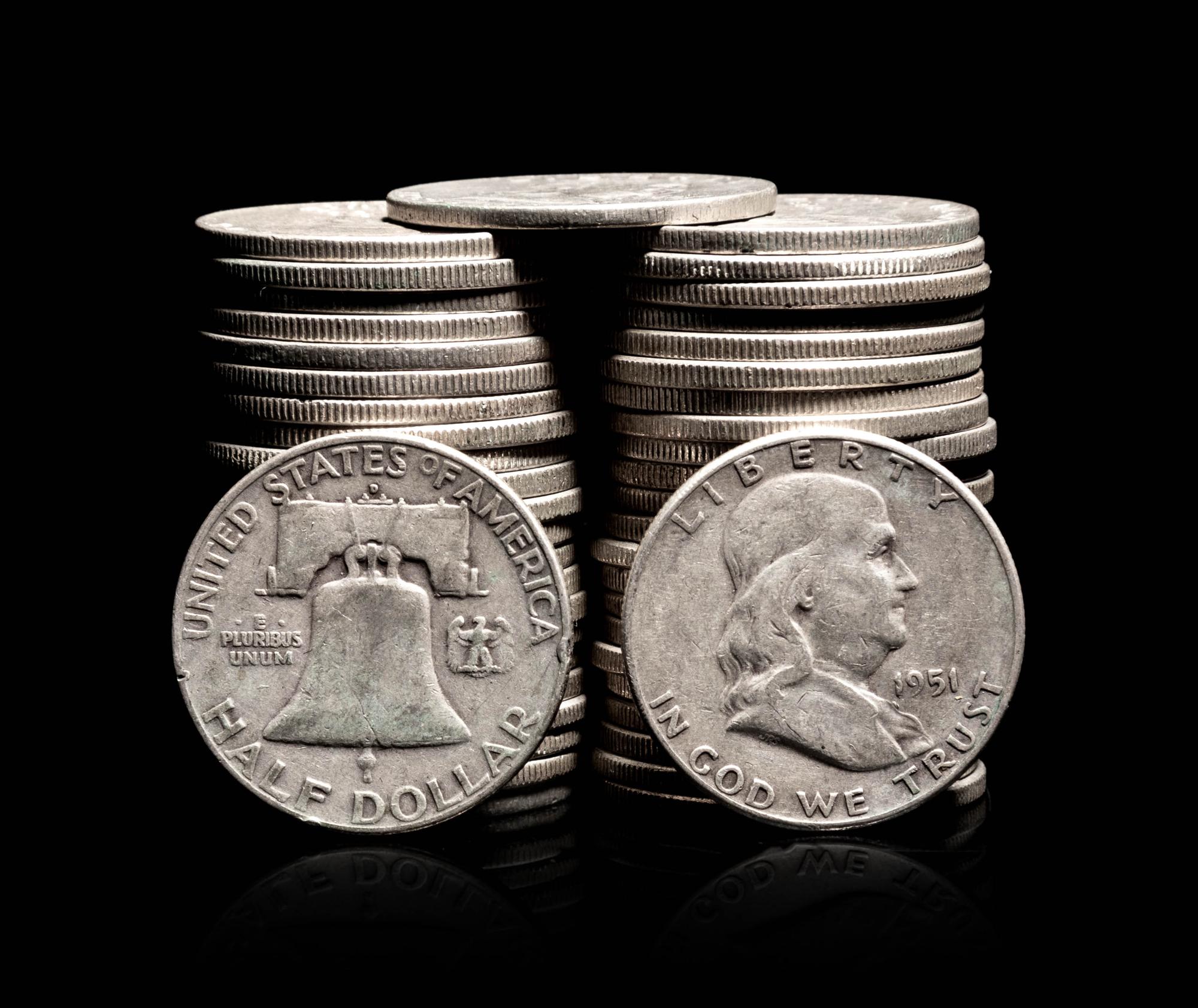 A Group of Forty-Seven Benjamin Franklin 50c Coins