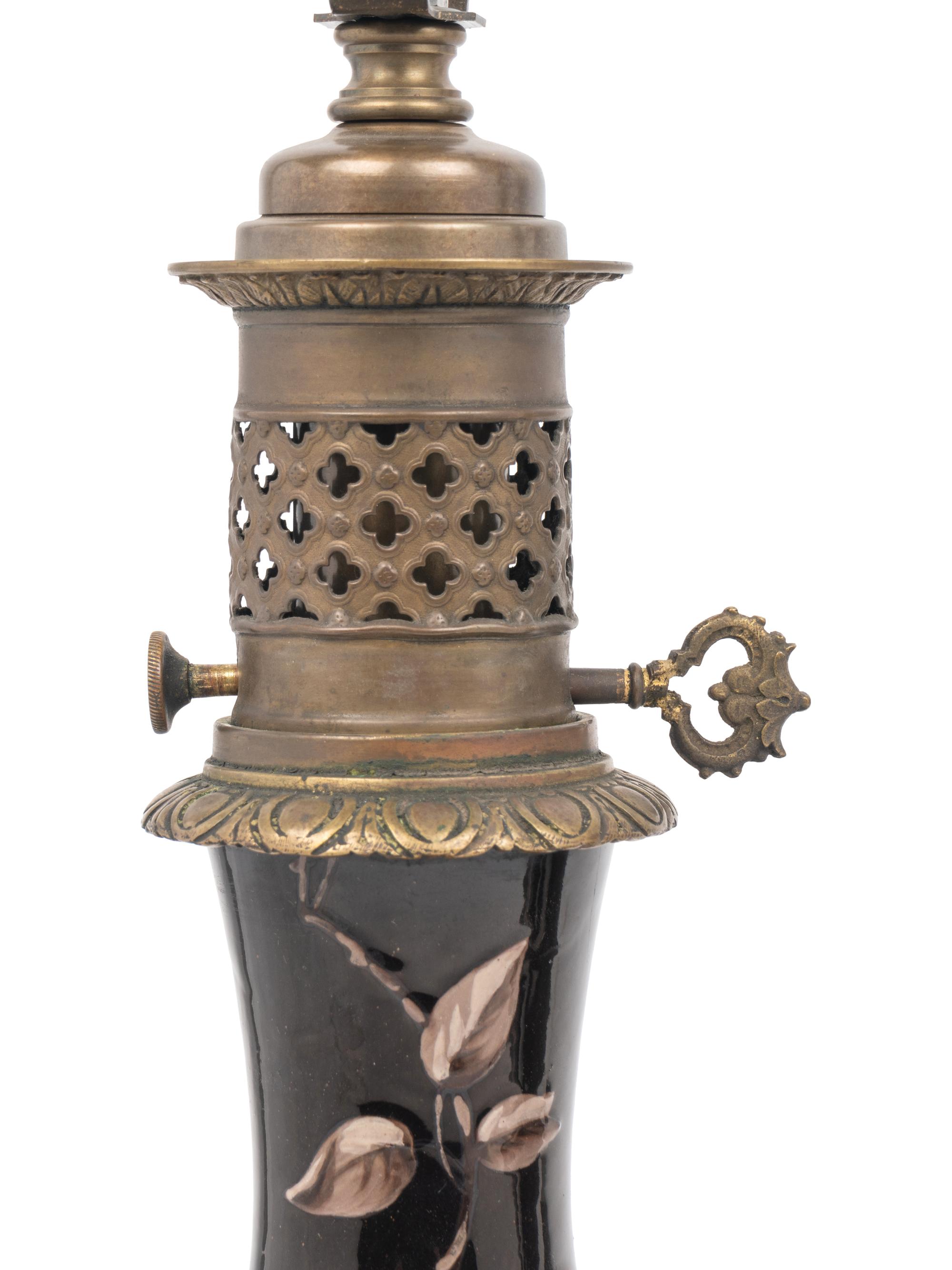 A Pair of French Enameled Porcelain Fluid Lamps Converted to Electricity
