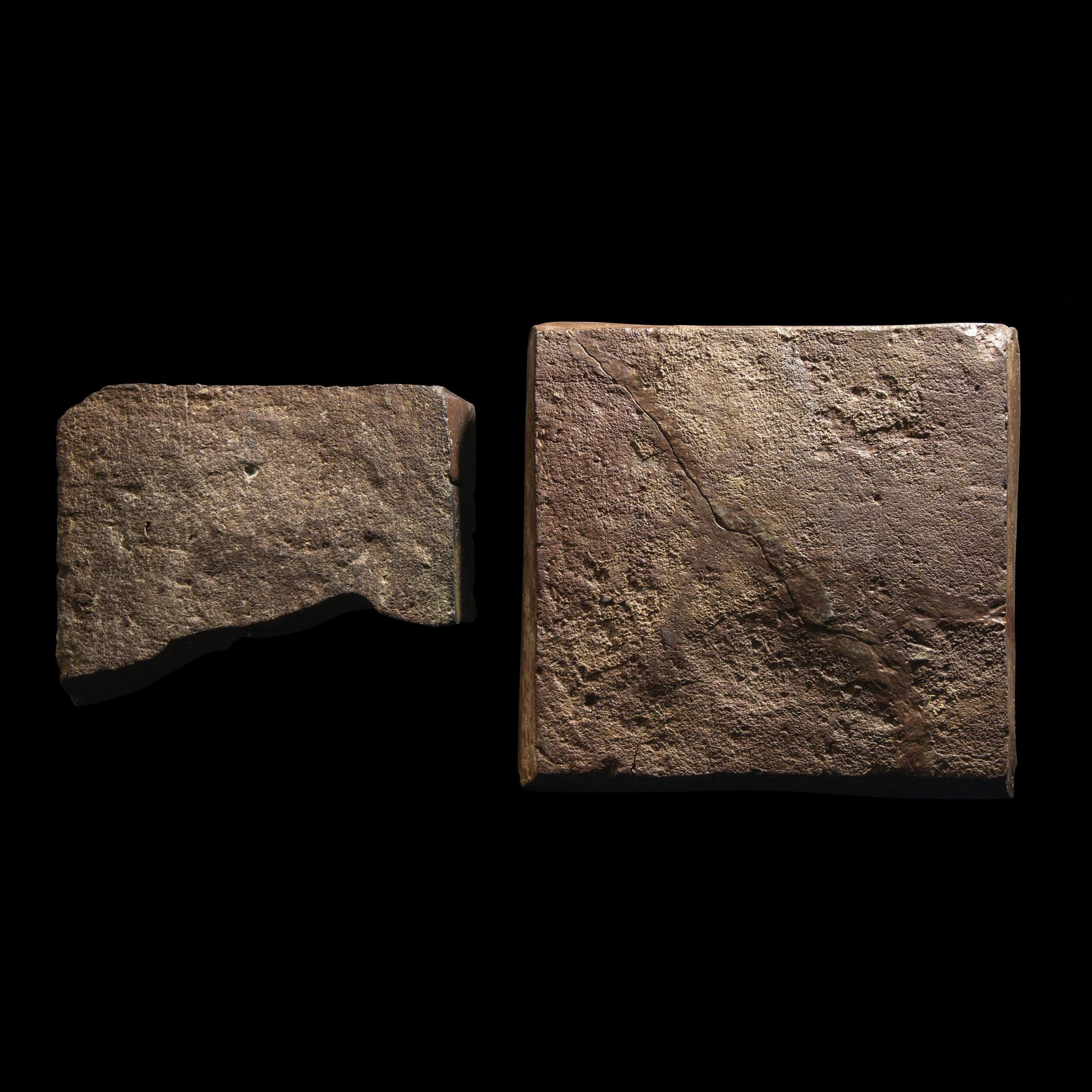 Two Medieval Earthenware Floor Tiles with a Falconer and Lion