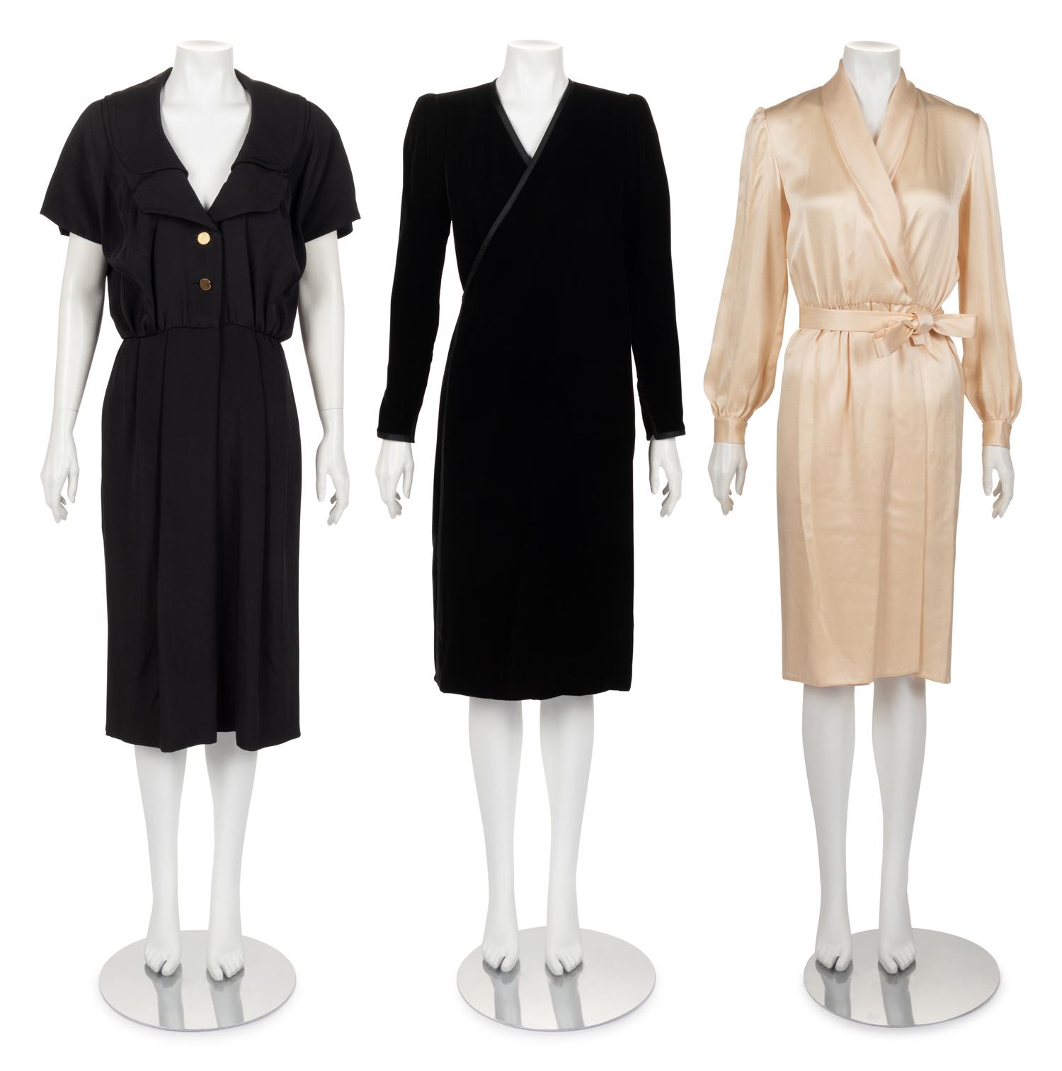 Three Designer Wrap Dresses: Two Galanos, One Yves Saint Laurent, 1980s