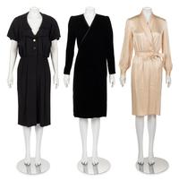 Three Designer Wrap Dresses: Two Galanos, One Yves Saint Laurent, 1980s