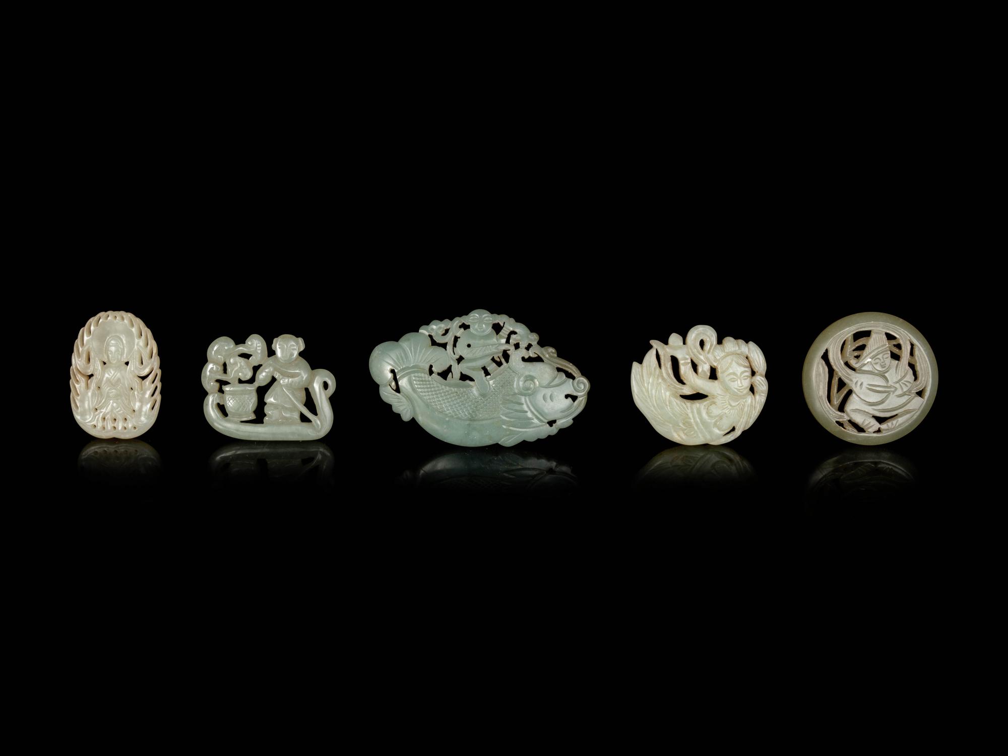 Five Chinese Celadon Jade Reticulated Figural Pendants