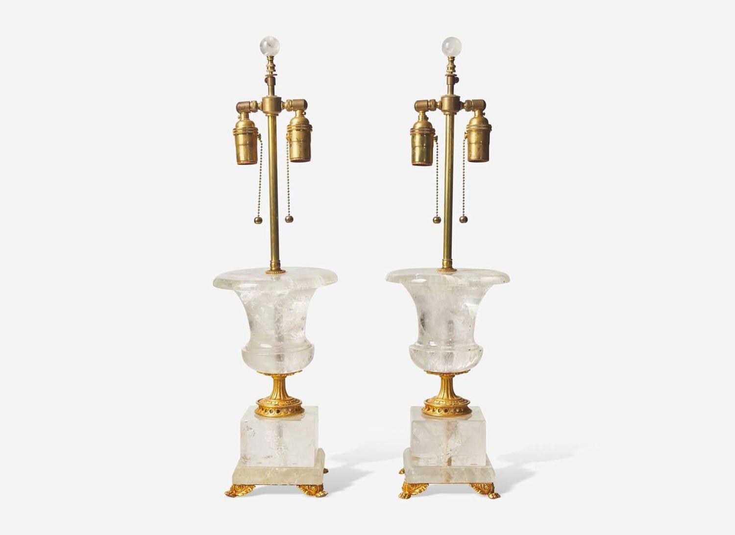 A pair of Neoclassical style gilt bronze-mounted rock crystal table lamps, 20th century