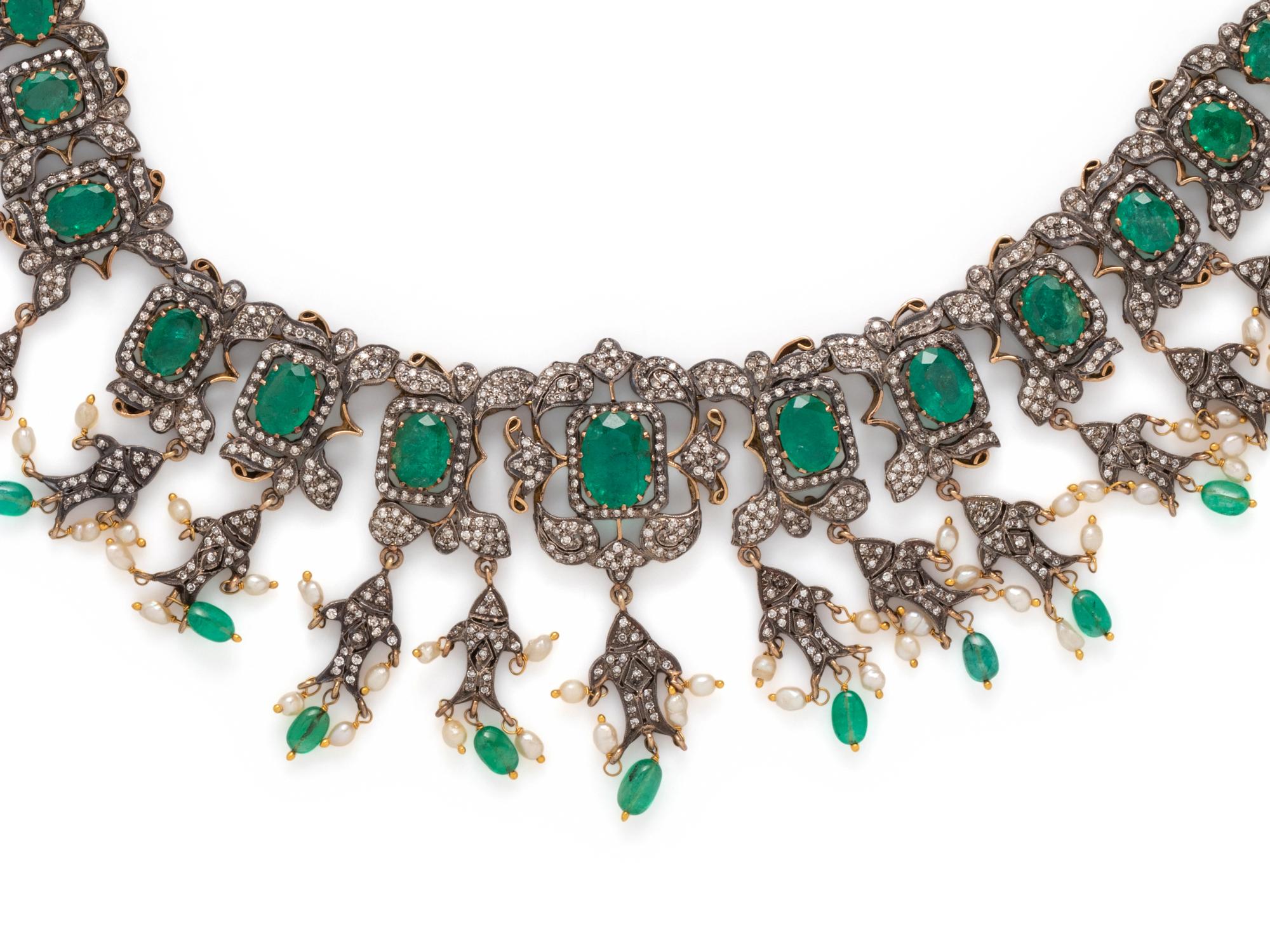 EMERALD, DIAMOND AND SEED PEARL NECKLACE