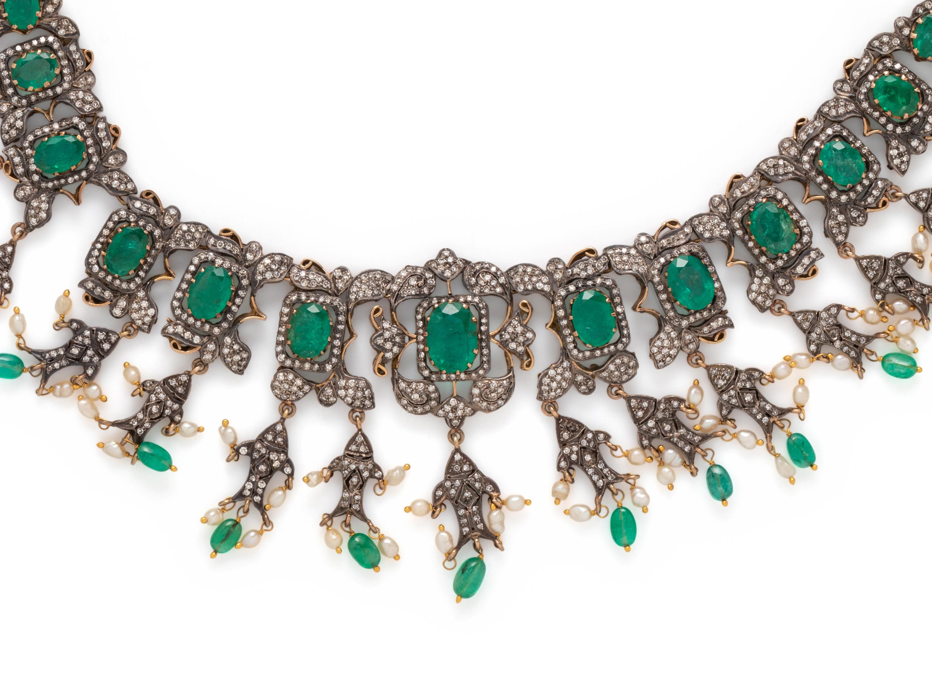 EMERALD, DIAMOND AND SEED PEARL NECKLACE