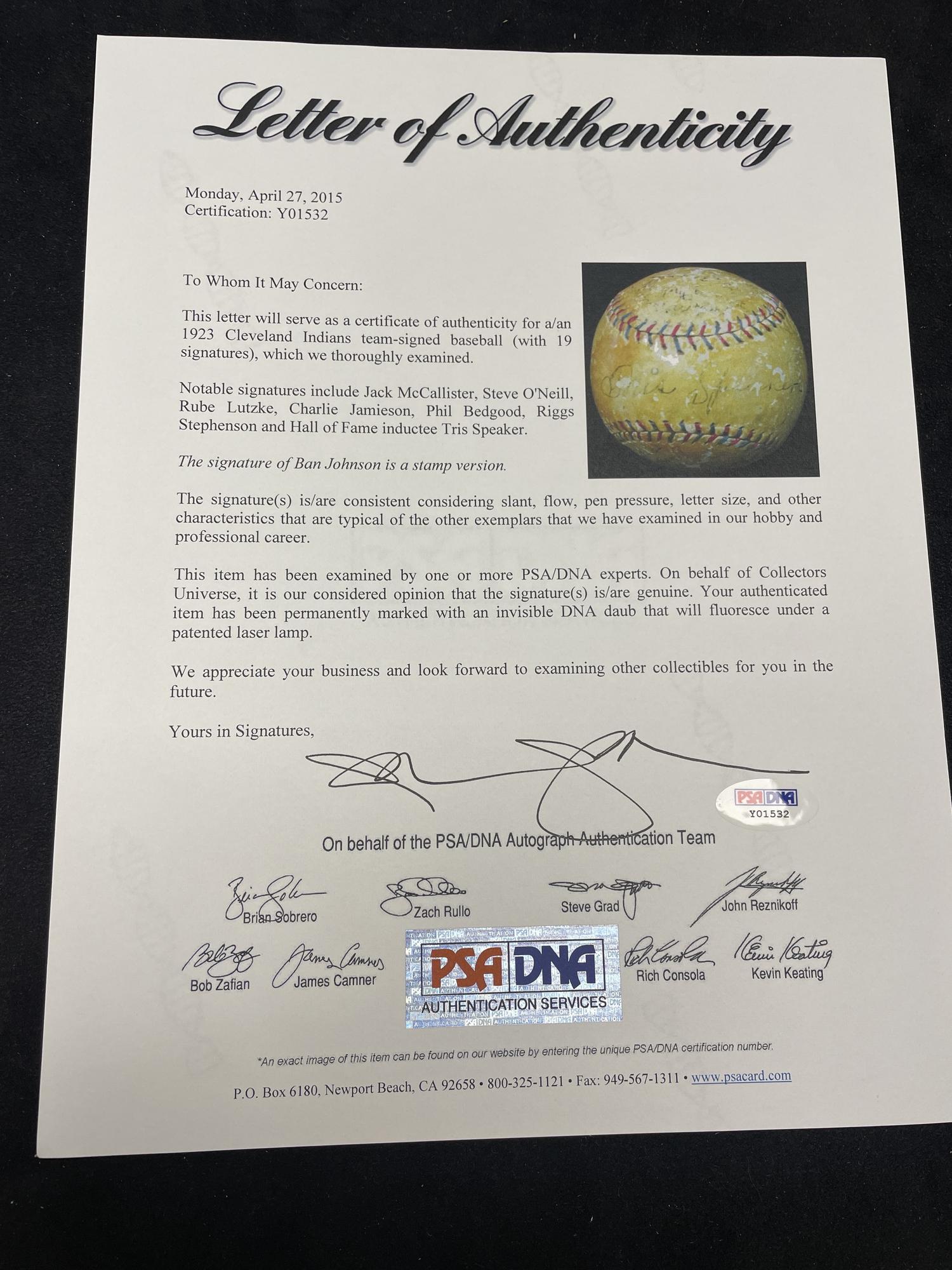 A 1923 Cleveland Indians Team Signed Autograph Baseball Featuring Tris Speaker (PSA Letter of Authenticity),