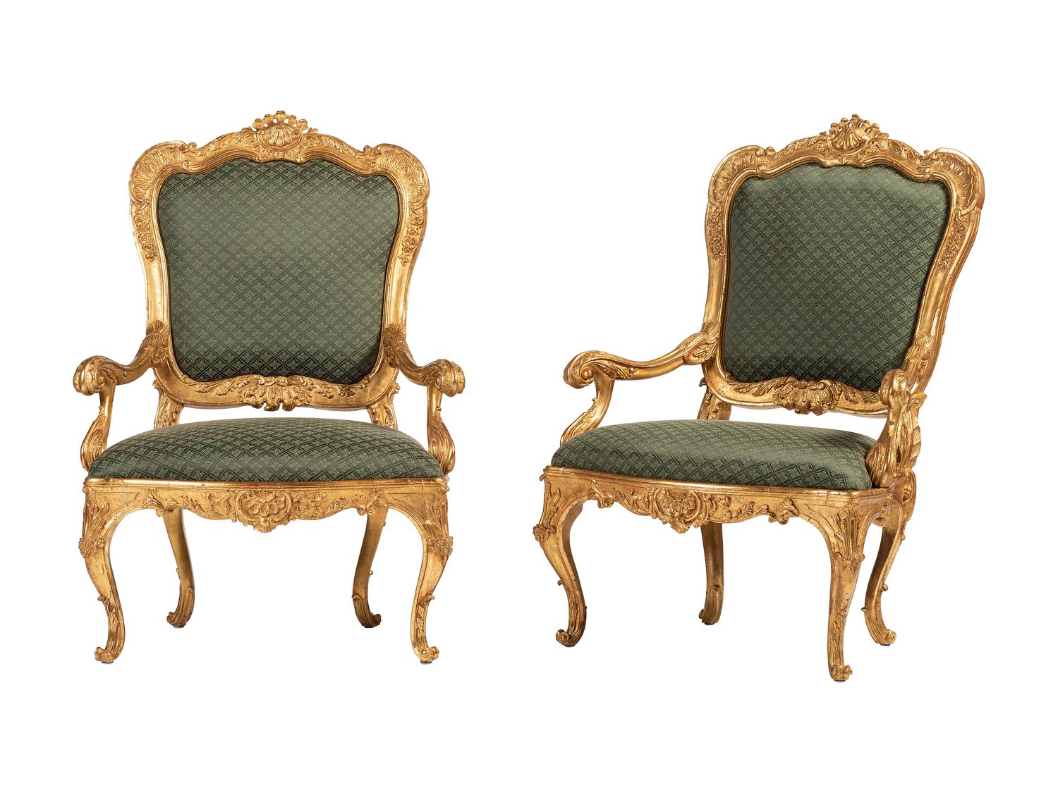 A Pair of Rococo Style Giltwood Fauteuils