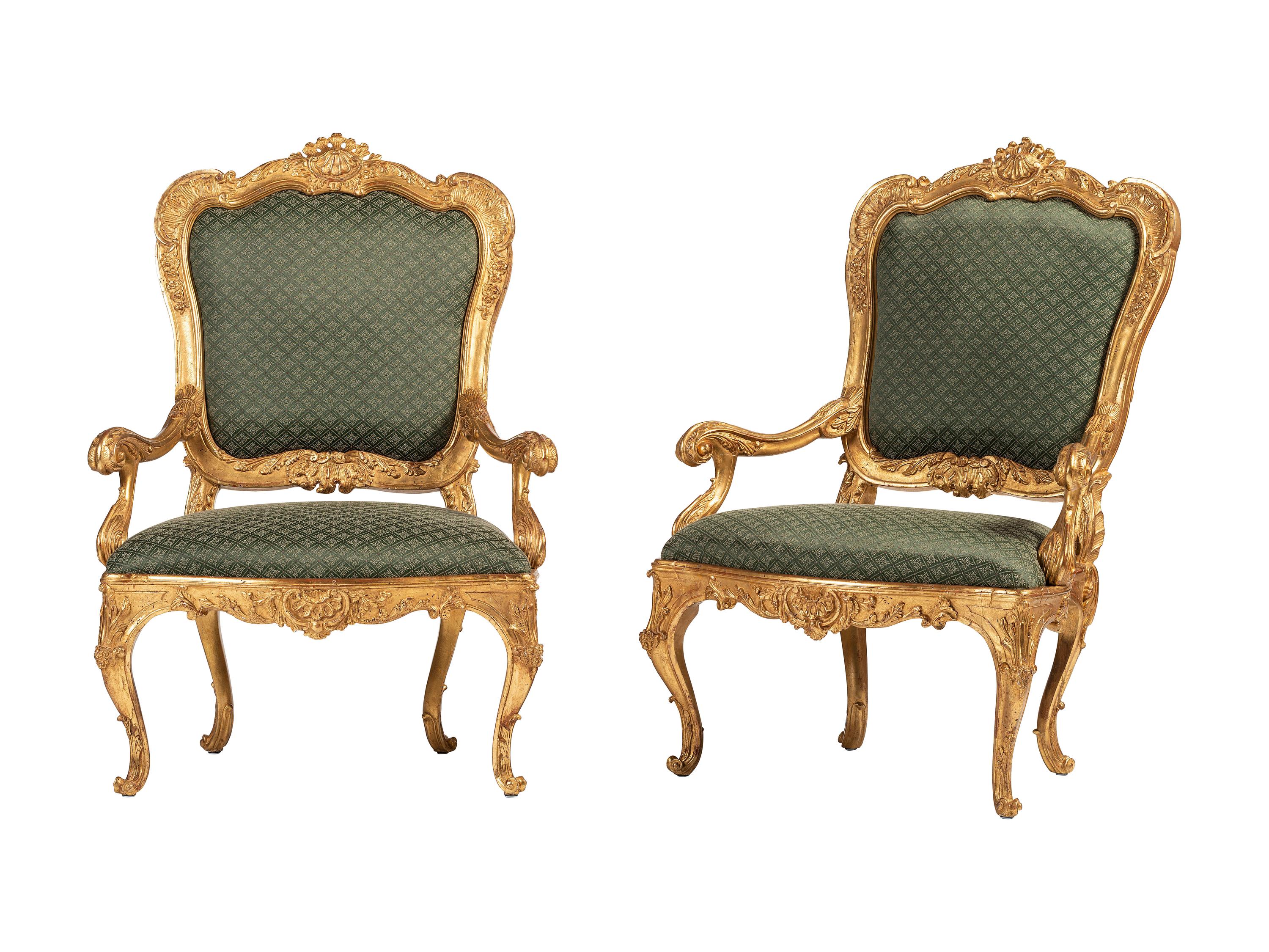 A Pair of Rococo Style Giltwood Fauteuils