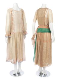 Three Dresses; One Printed Flower Dress, One White Dress, One Green Beaded Dress, 1920s*