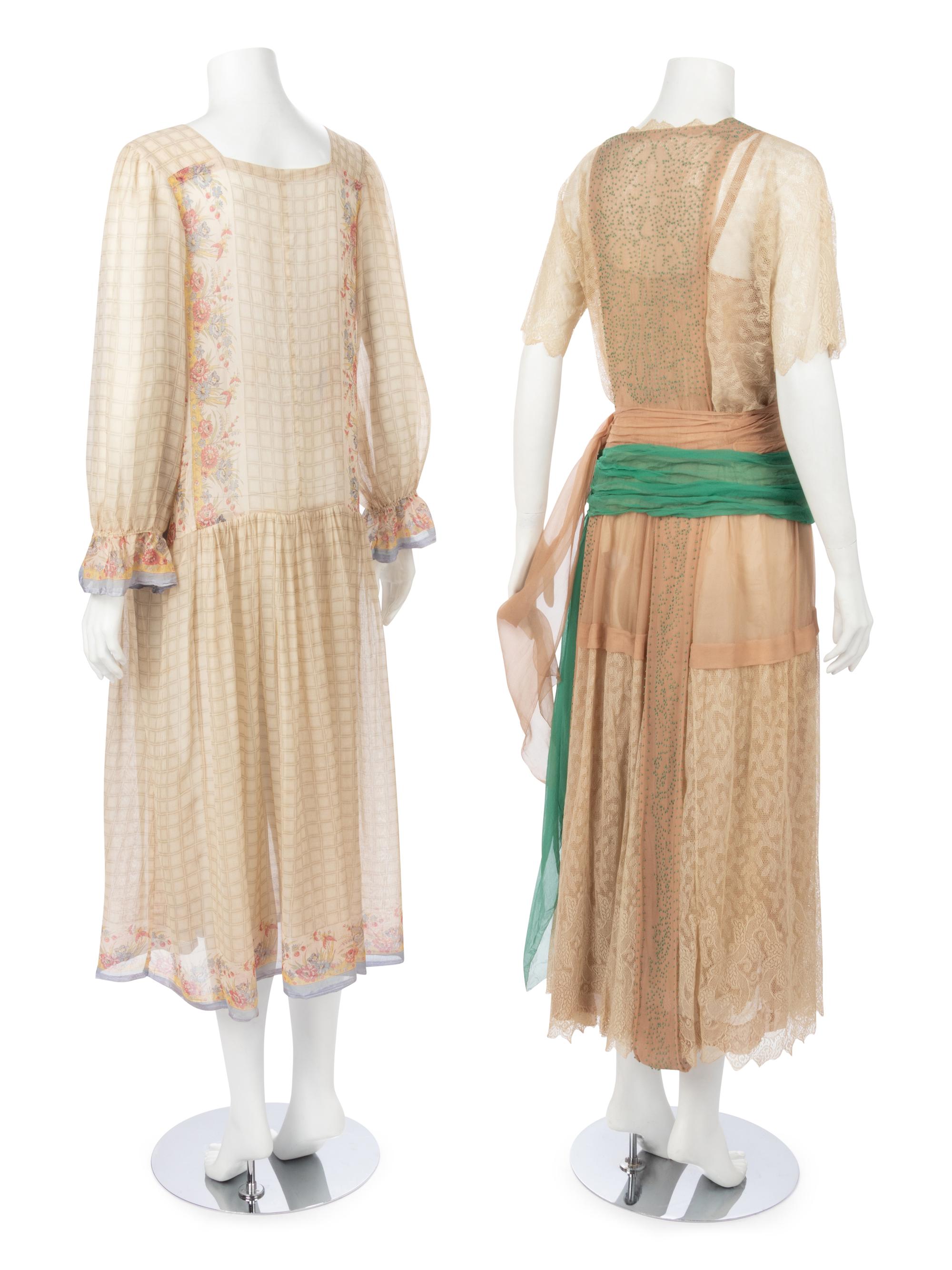 Three Dresses; One Printed Flower Dress, One White Dress, One Green Beaded Dress, 1920s*