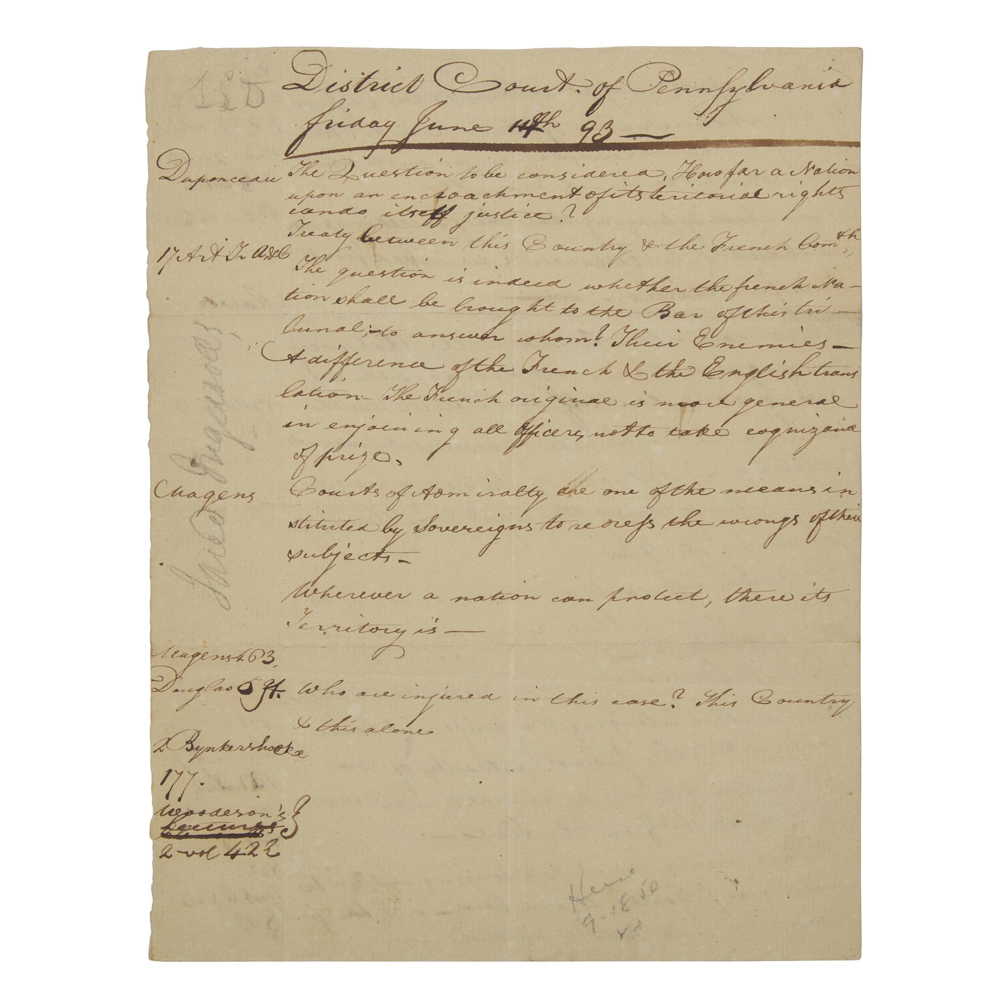 [Americana] [Ingersoll, Jared]. Manuscript document, purportedly in Jared Ingersoll's hand