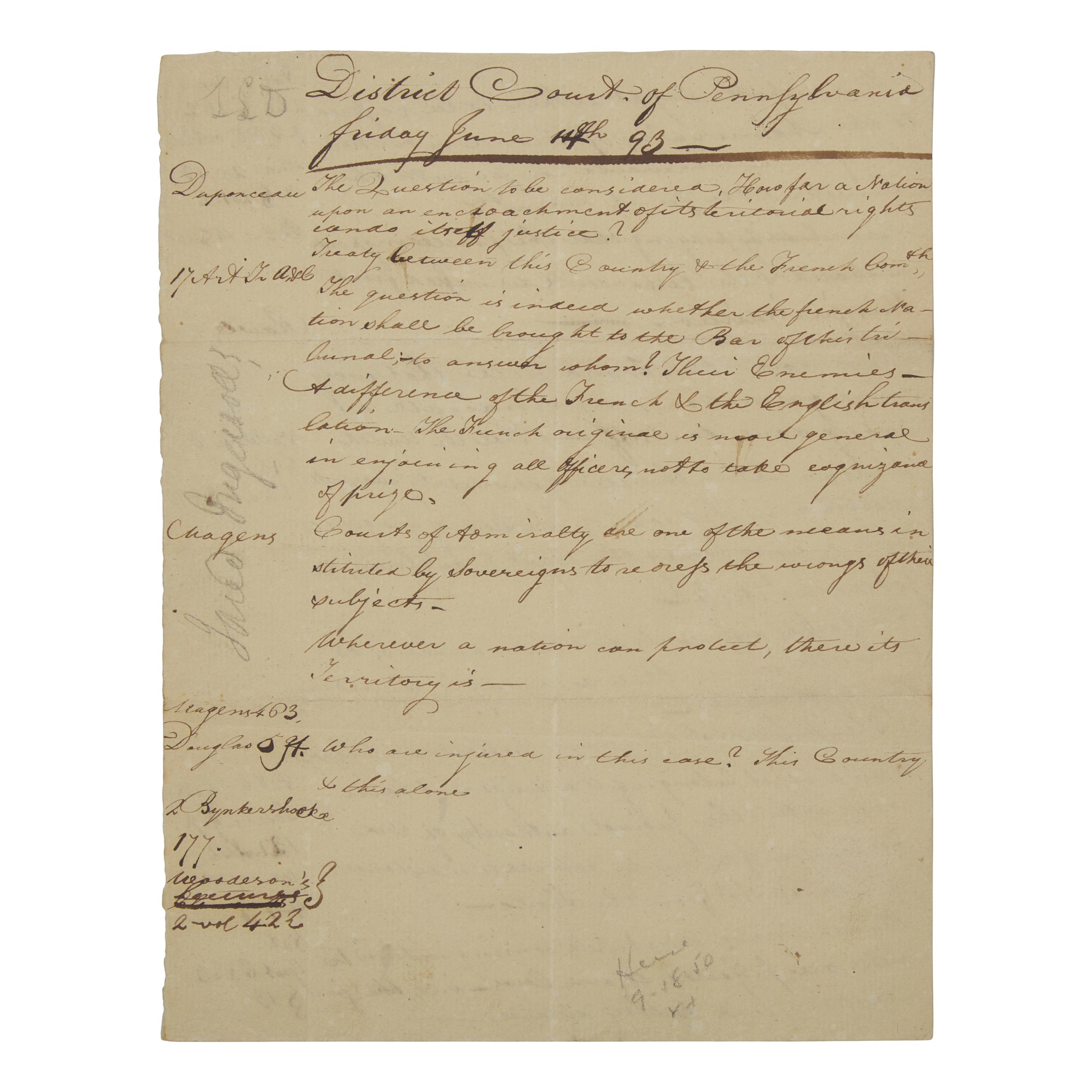 [Americana] [Ingersoll, Jared]. Manuscript document, purportedly in Jared Ingersoll's hand