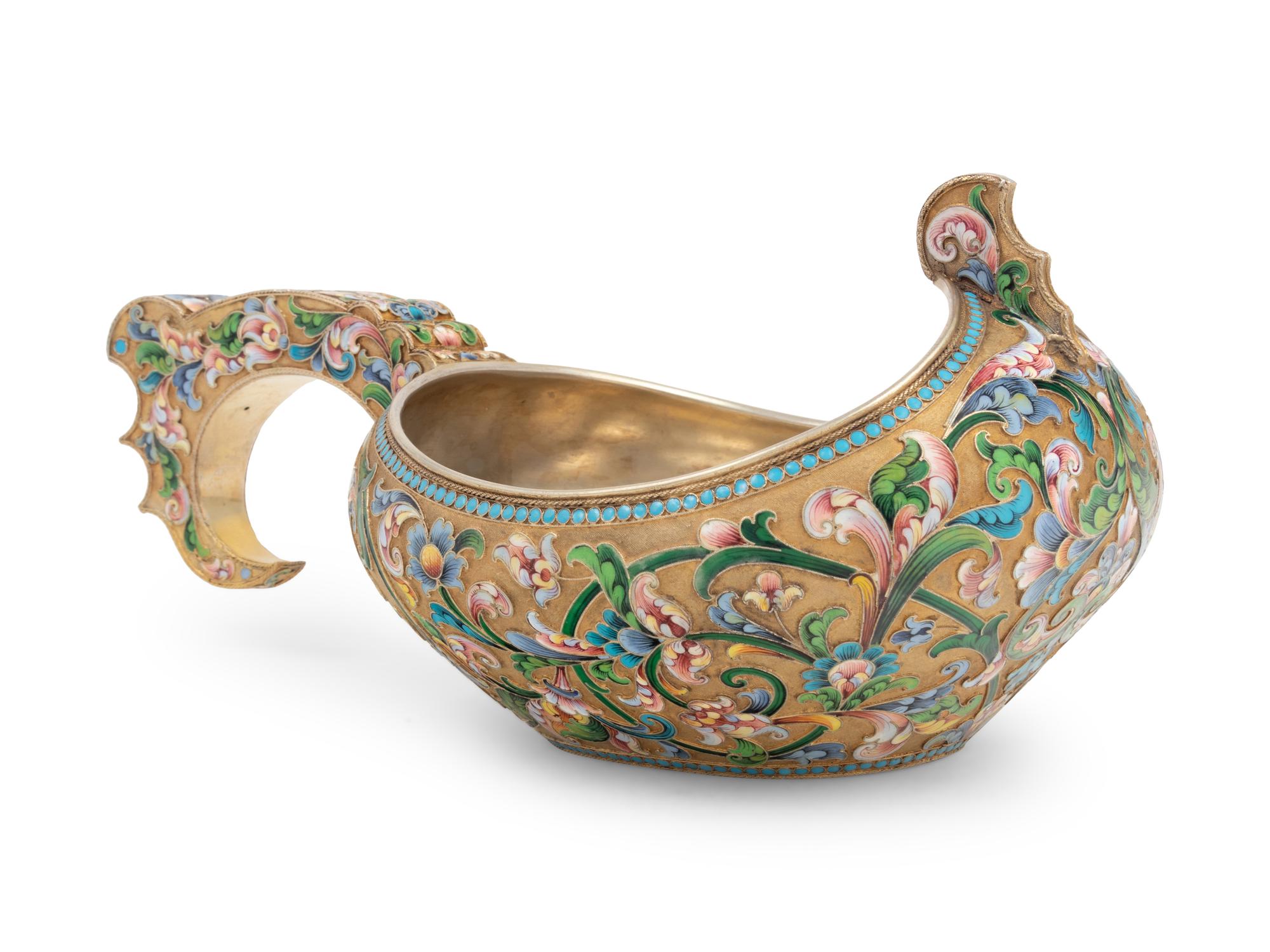 A Large Shaded Enamel Silver Kovsh