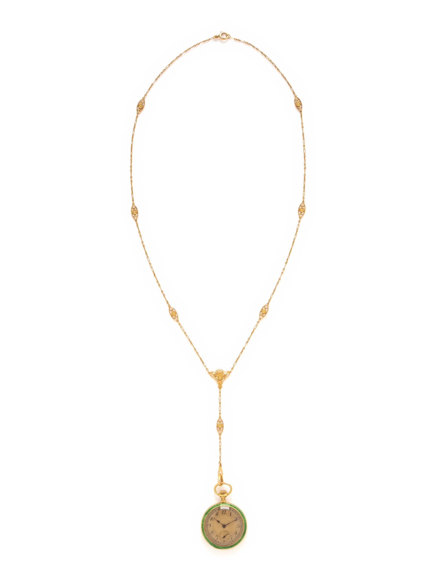 SPAULDING & CO., ANTIQUE, YELLOW GOLD AND ENAMEL PENDANT WATCH AND CHAIN