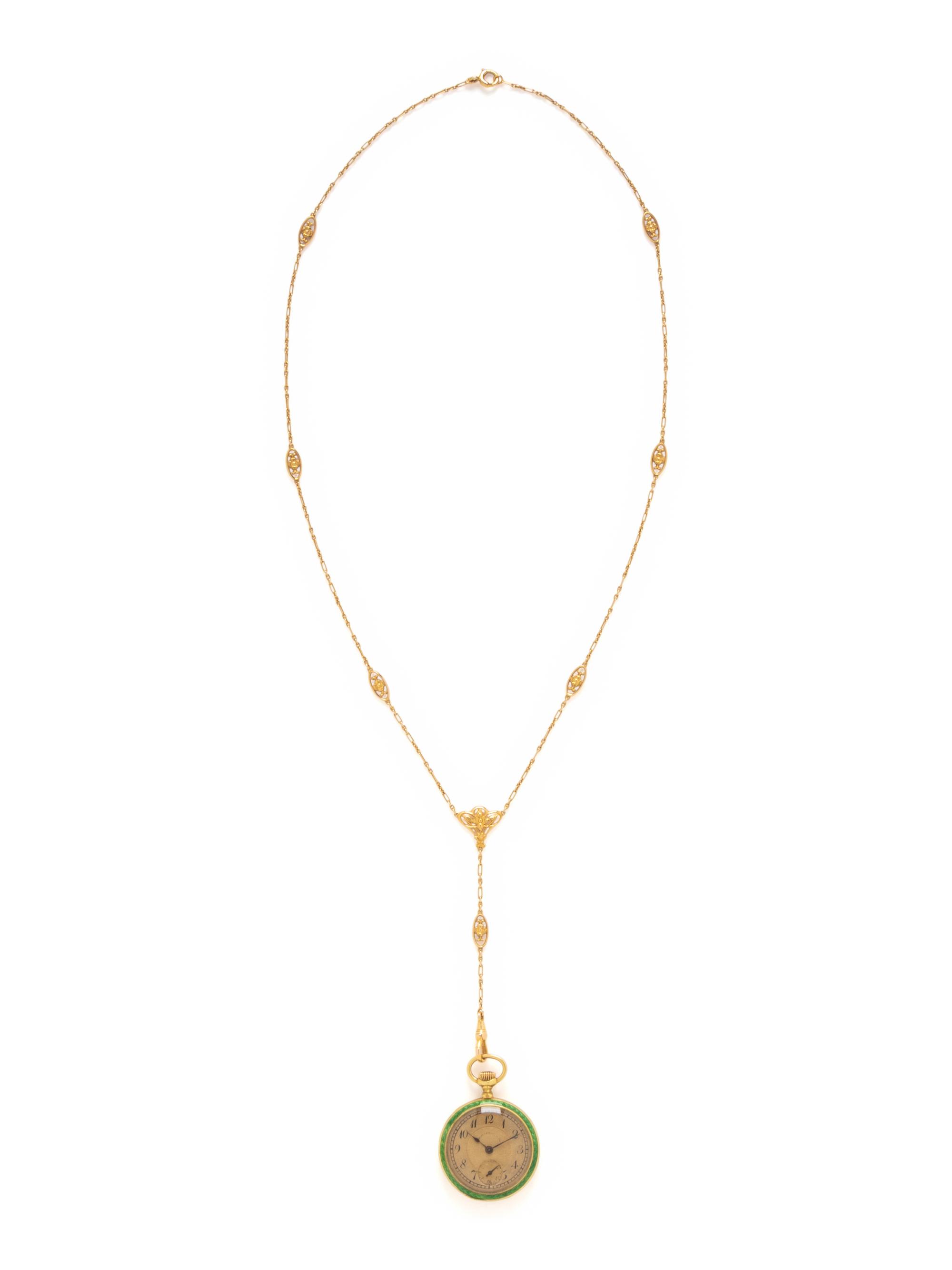 SPAULDING & CO., ANTIQUE, YELLOW GOLD AND ENAMEL PENDANT WATCH AND CHAIN