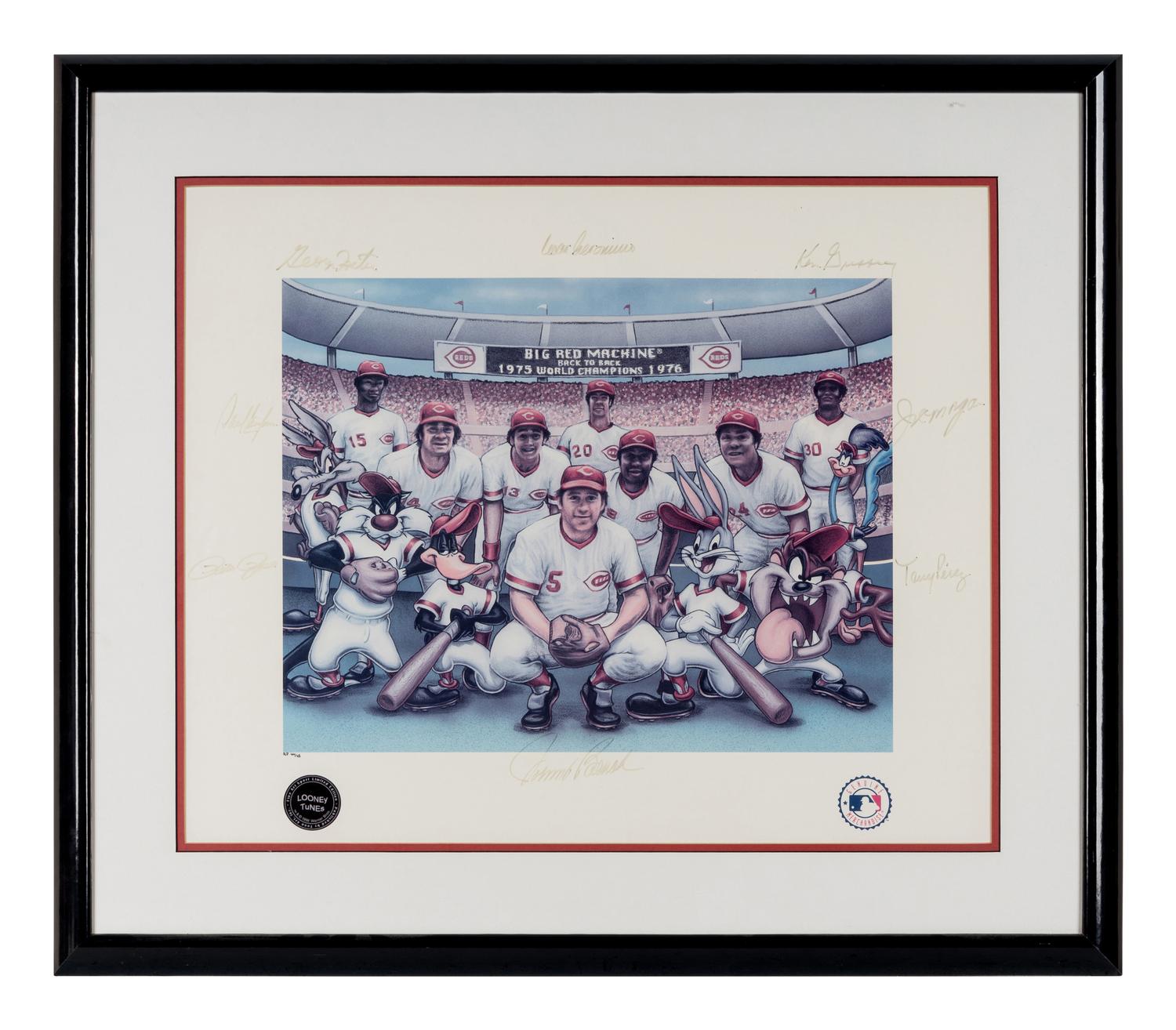 A Cincinnati Reds Big Red Machine Starting Lineup Signed Autograph Looney Tunes Print