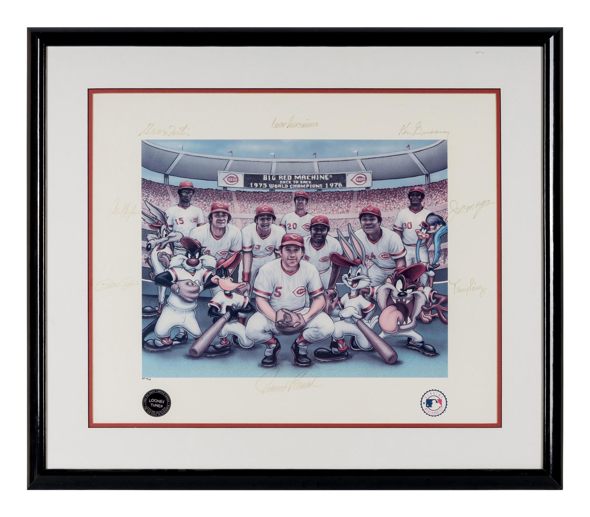 A Cincinnati Reds Big Red Machine Starting Lineup Signed Autograph Looney Tunes Print