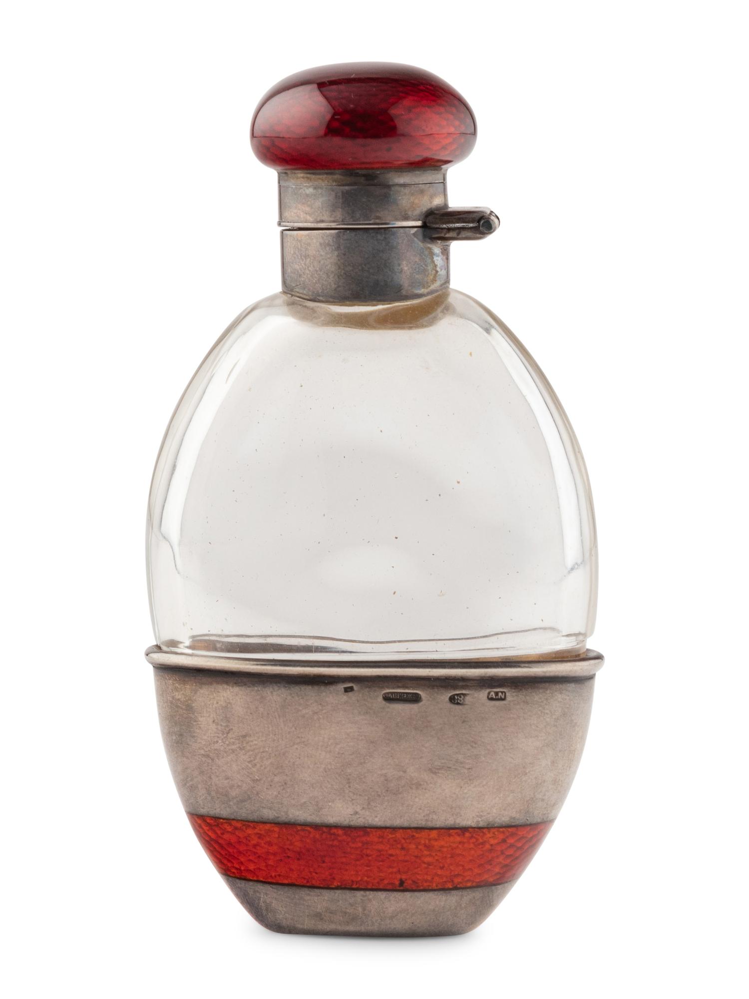 A Russian Silver, Guilloché Enamel and Glass Flask