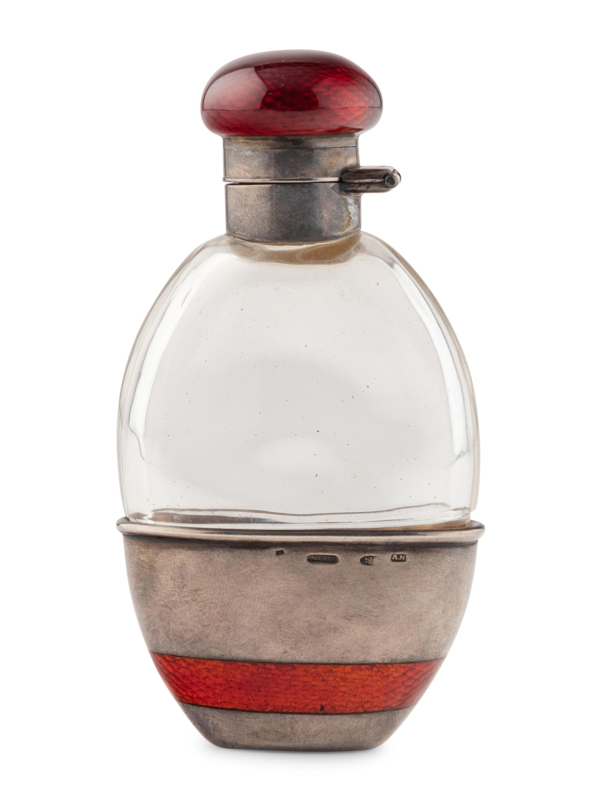 A Russian Silver, Guilloché Enamel and Glass Flask
