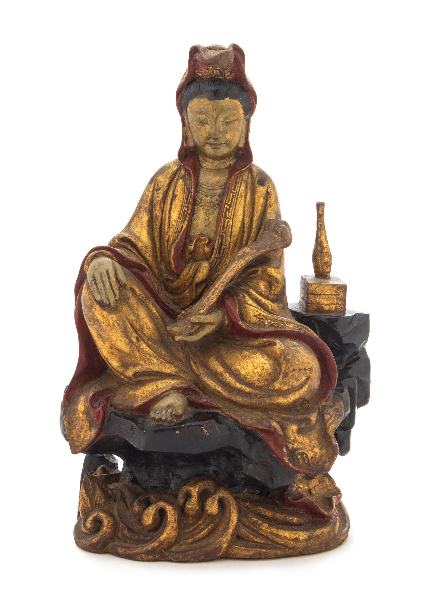 A Gilt Wood Figure of a Seated Guanyin Height 10 3/4 inches.
