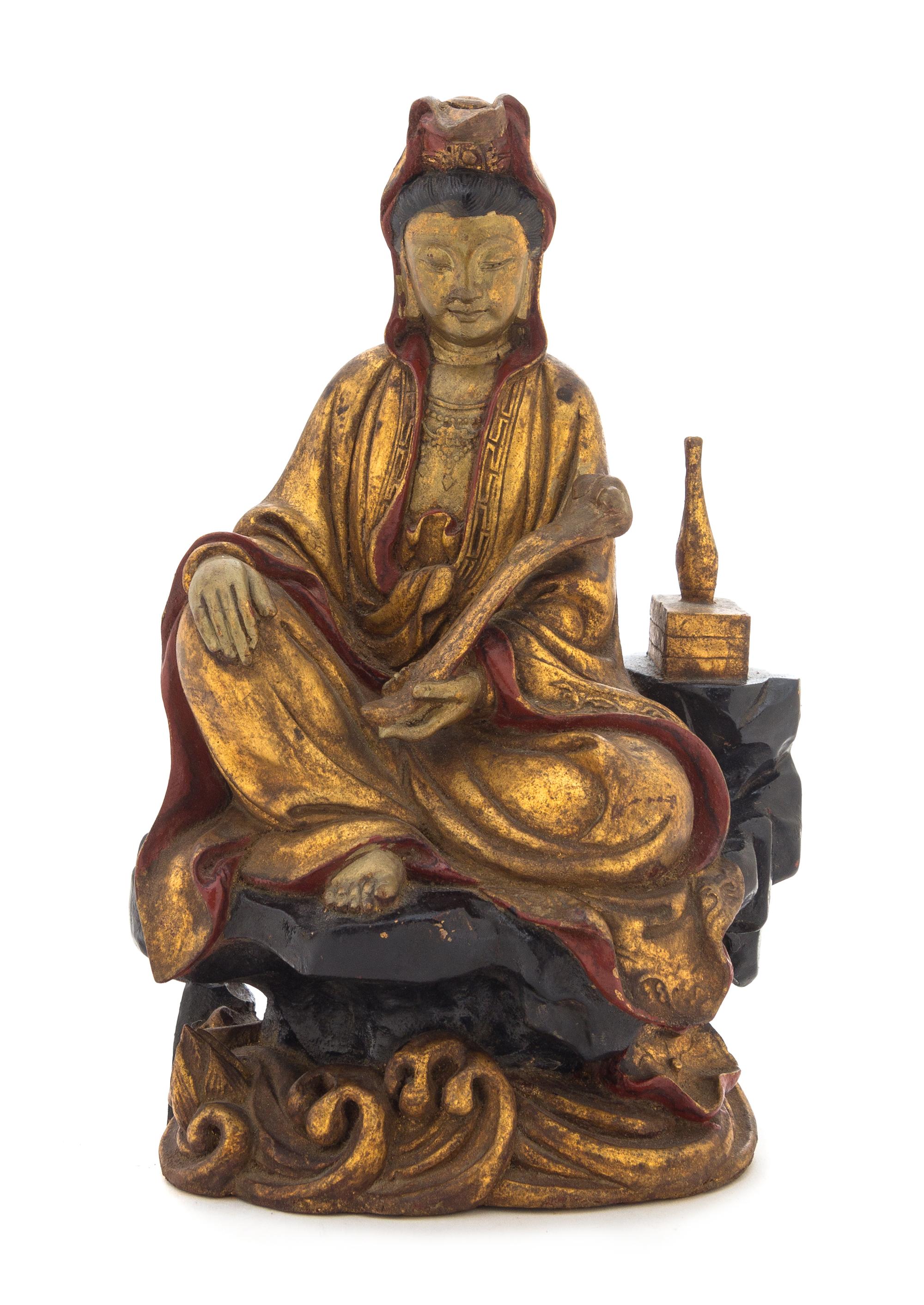 A Gilt Wood Figure of a Seated Guanyin Height 10 3/4 inches.