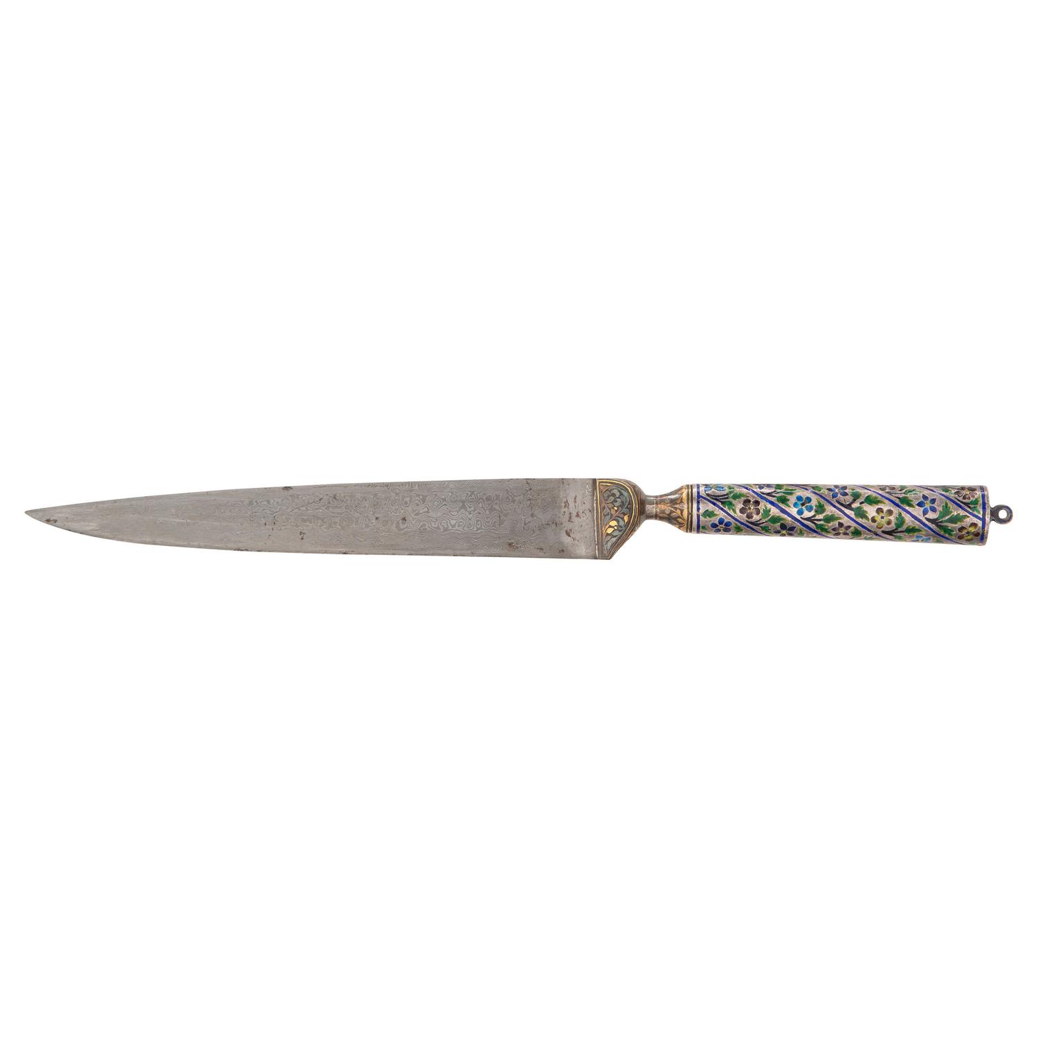 19th Century Indo-Persian Kard Dagger with Enameled Hilt and Wootz Steel Blade