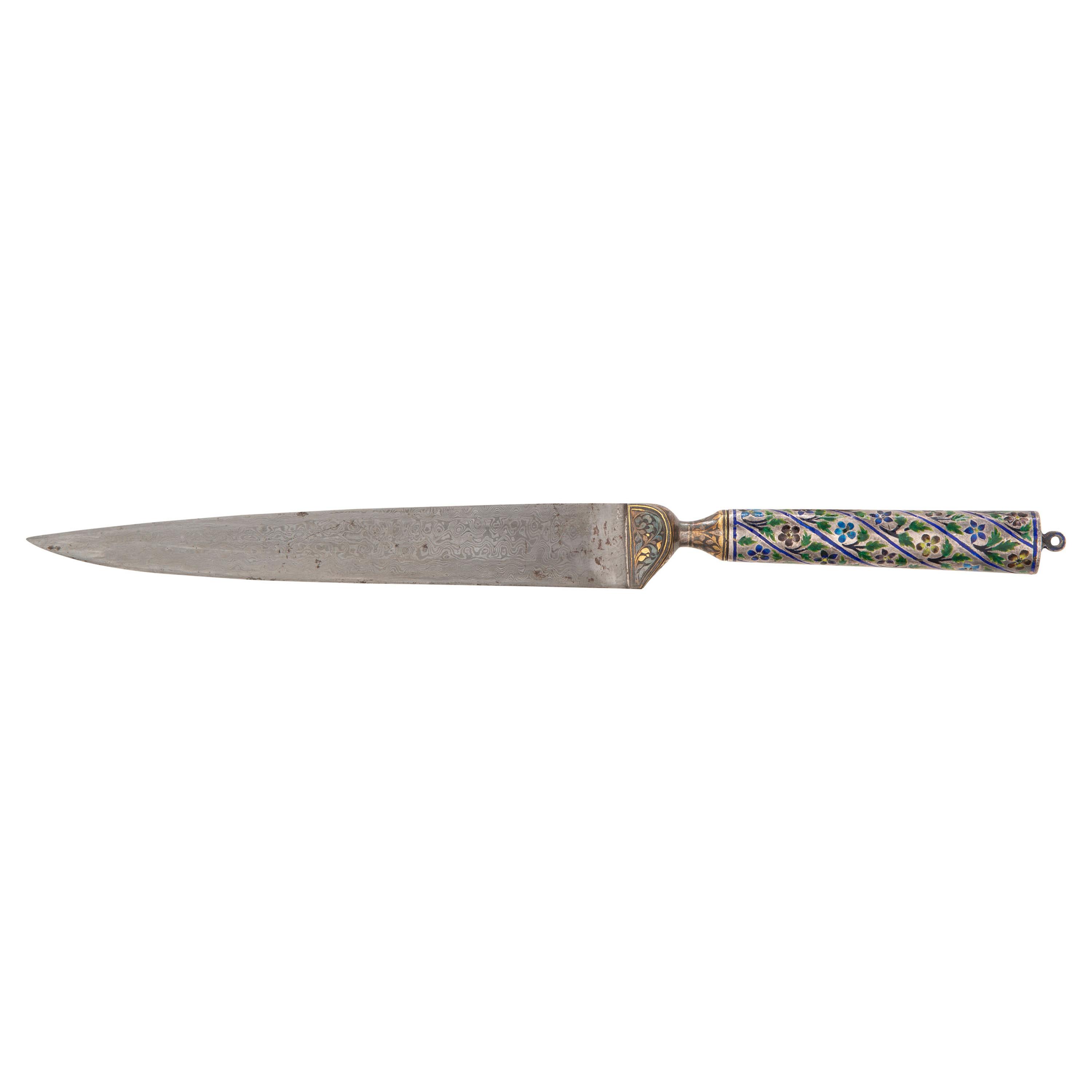 19th Century Indo-Persian Kard Dagger with Enameled Hilt and Wootz Steel Blade