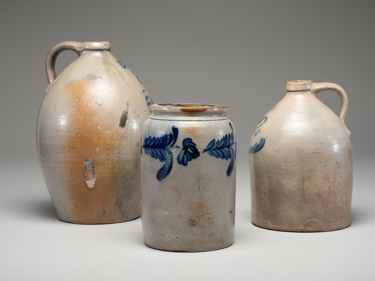 Three Cobalt Decorated Stoneware Vessels