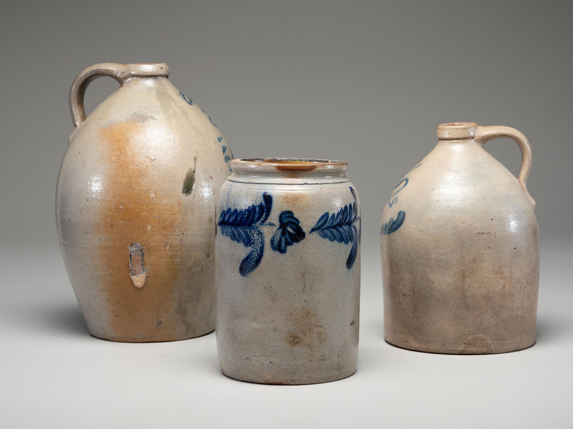 Three Cobalt Decorated Stoneware Vessels