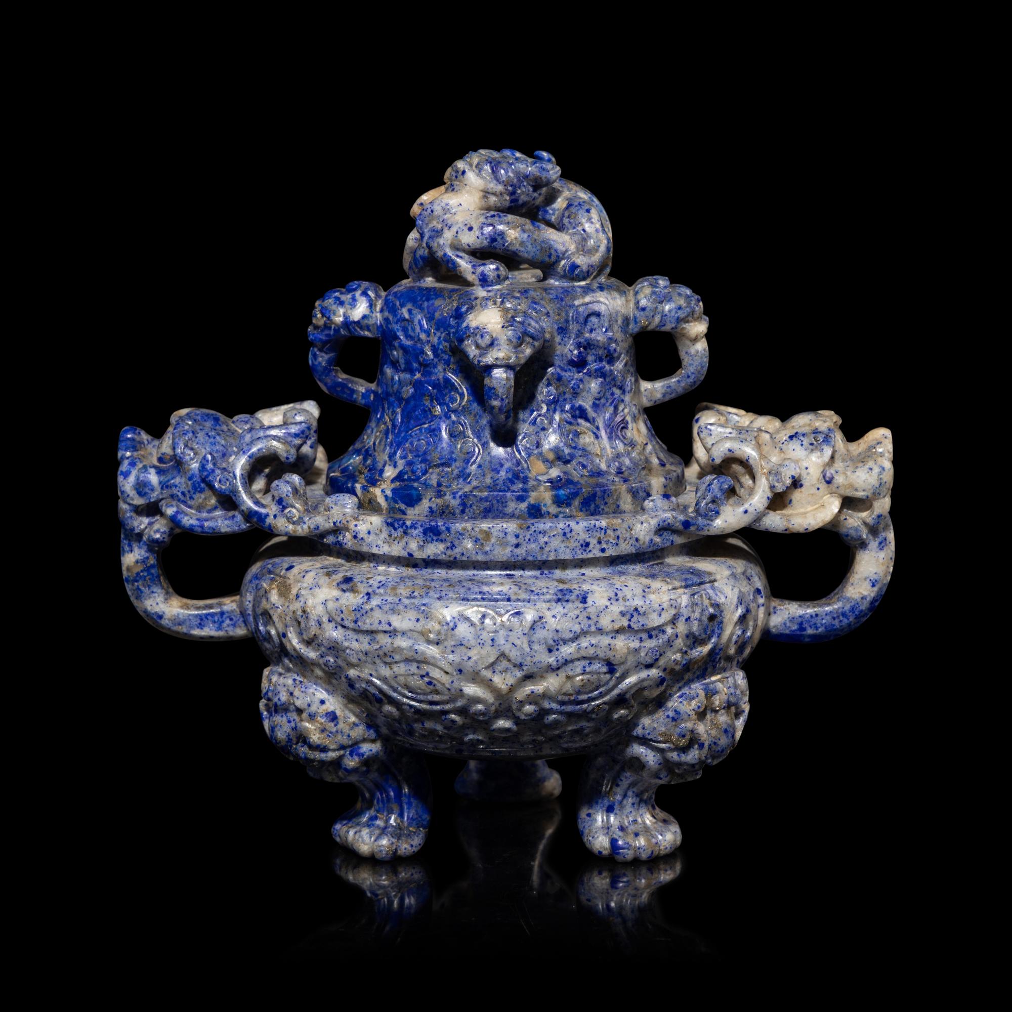 A Chinese Lapis Lazuli Incense Burner, 20th Century — 近代 青金石雙活環耳香爐