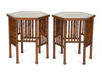 A Pair of Turned Walnut and Reverse-Painted Glass Side Tables