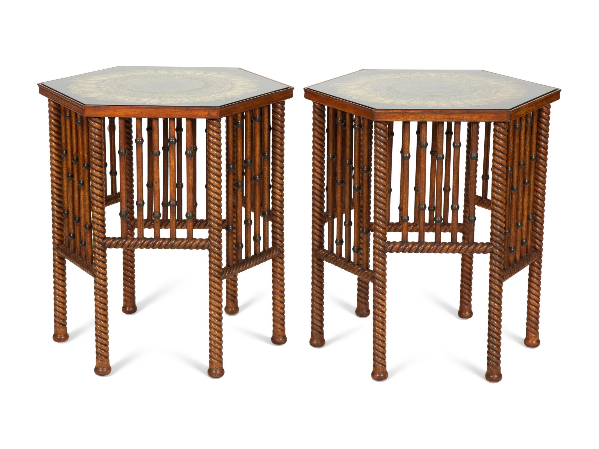 A Pair of Turned Walnut and Reverse-Painted Glass Side Tables