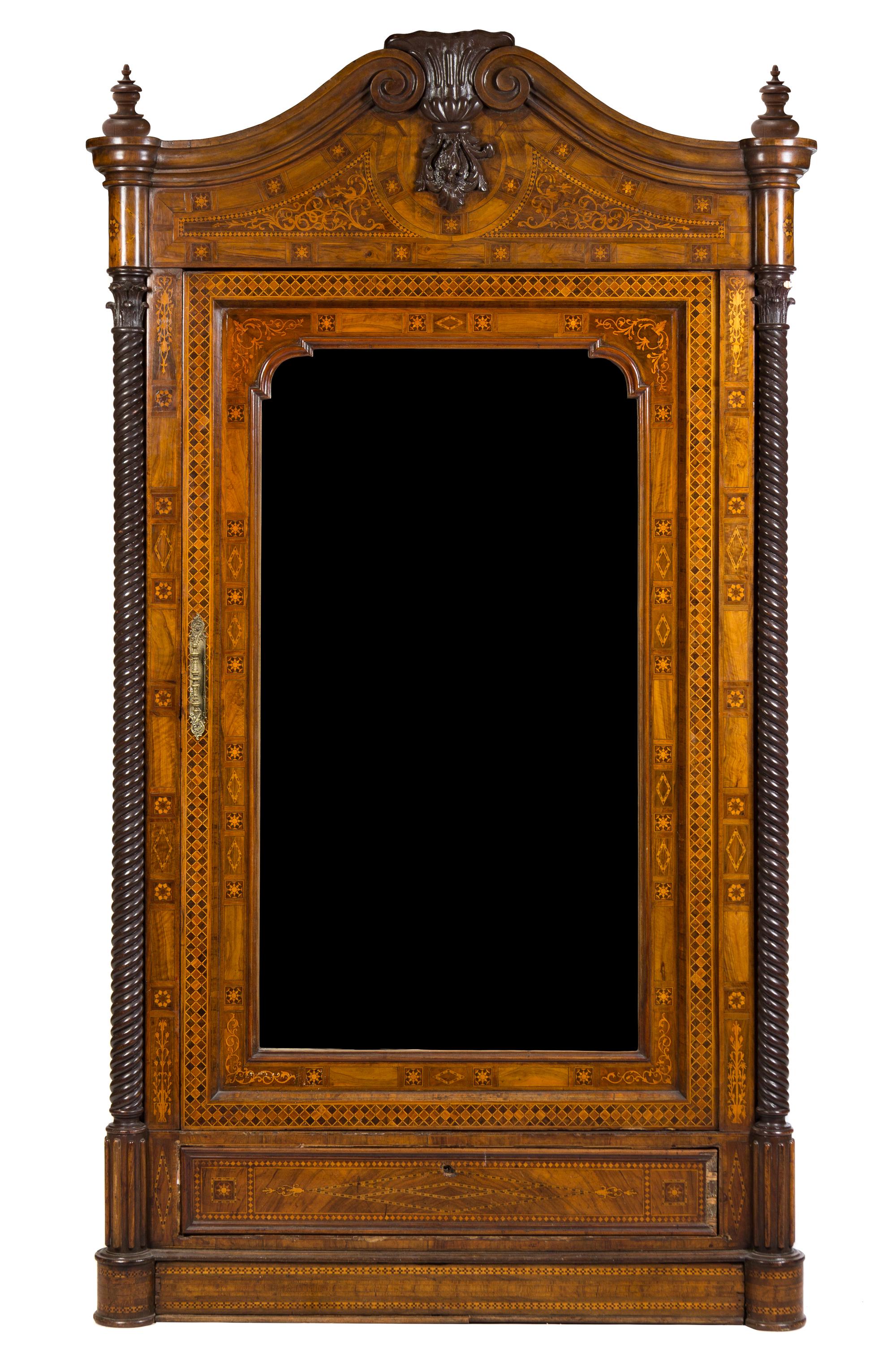 A Continental Marquetry Armoire Height 101 1/2 x width 55 1/2 x depth 24 1/2 inches. — 19TH CENTURY