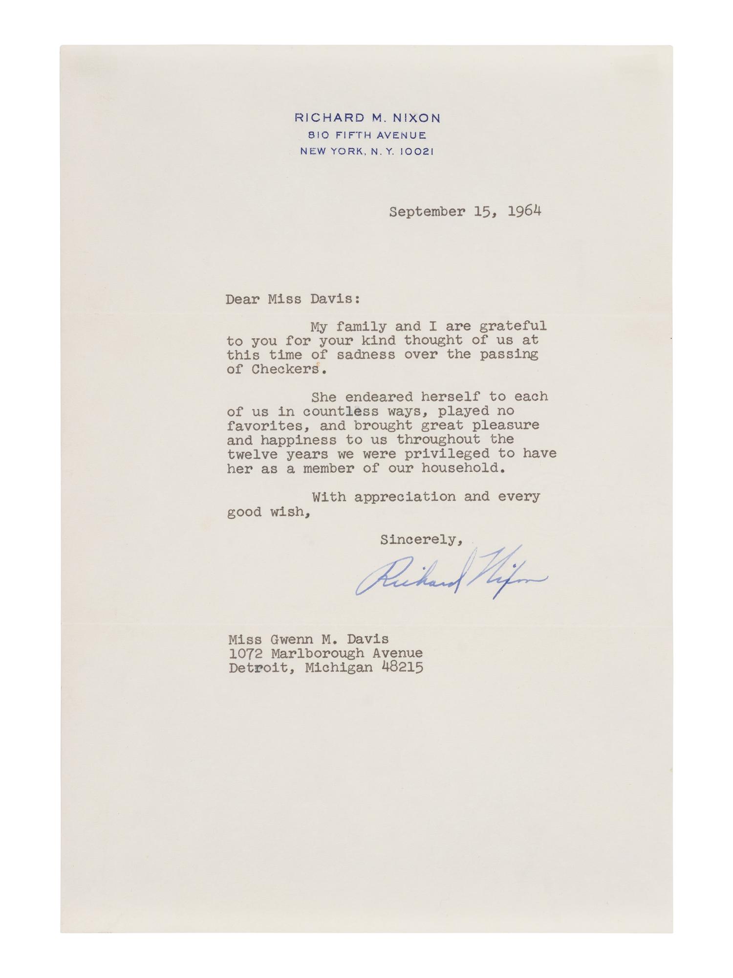 NIXON, Richard M. (1913-1994). Typed letter signed ("Richard Nixon") to Miss Gwenn M. Davis. New York, 15 September 1964.