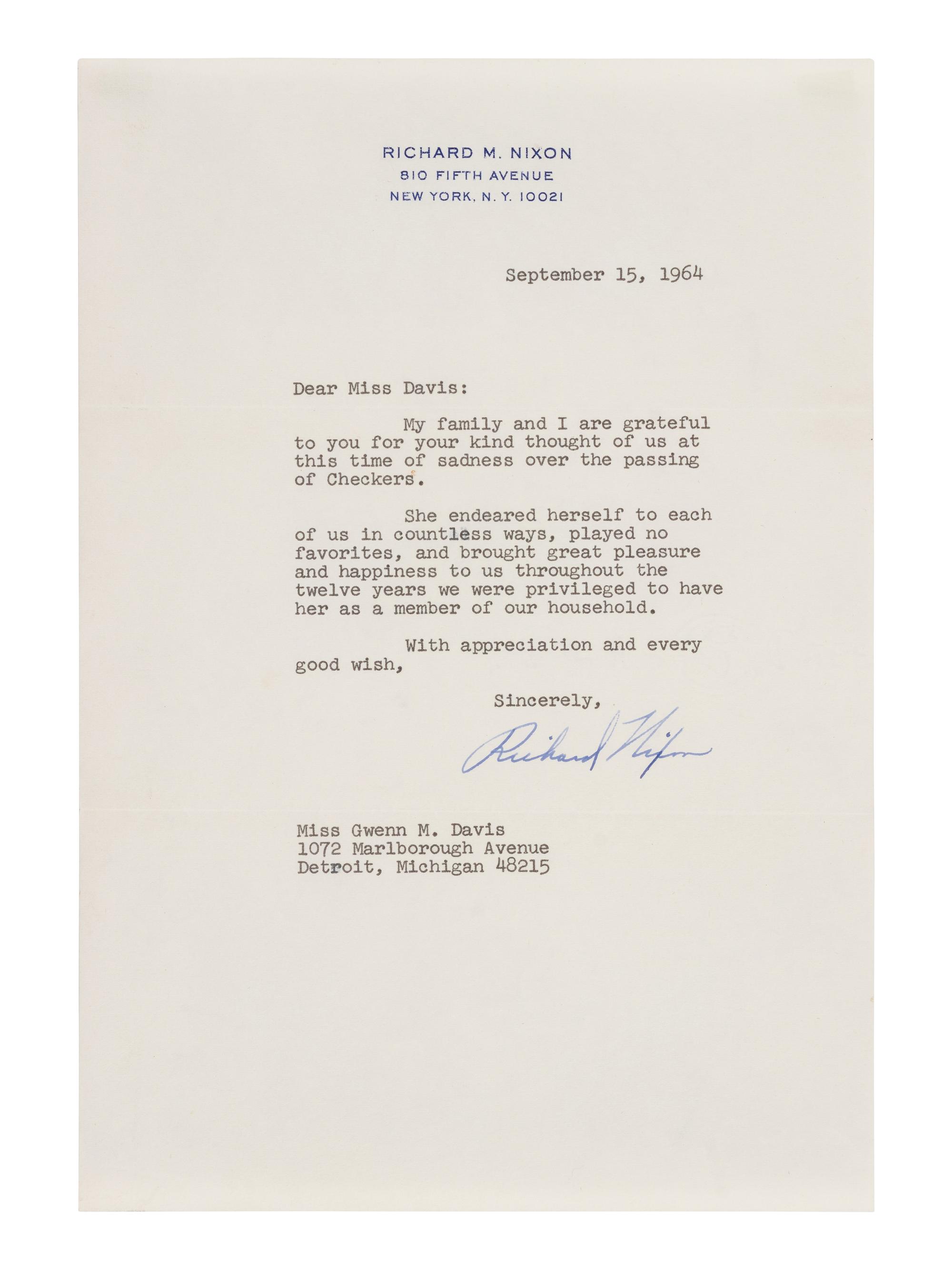NIXON, Richard M. (1913-1994). Typed letter signed ("Richard Nixon") to Miss Gwenn M. Davis. New York, 15 September 1964.