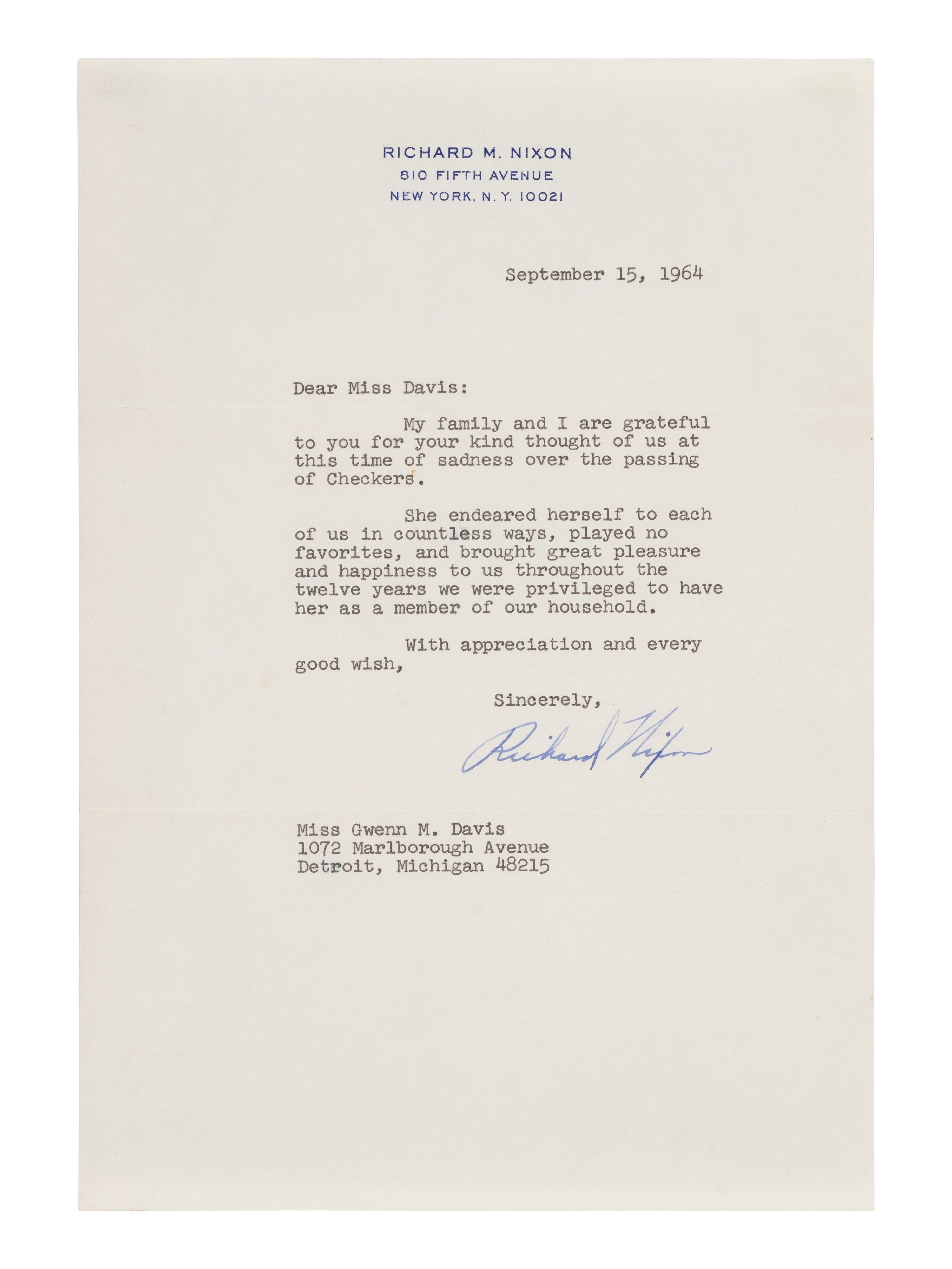 NIXON, Richard M. (1913-1994). Typed letter signed ("Richard Nixon") to Miss Gwenn M. Davis. New York, 15 September 1964.