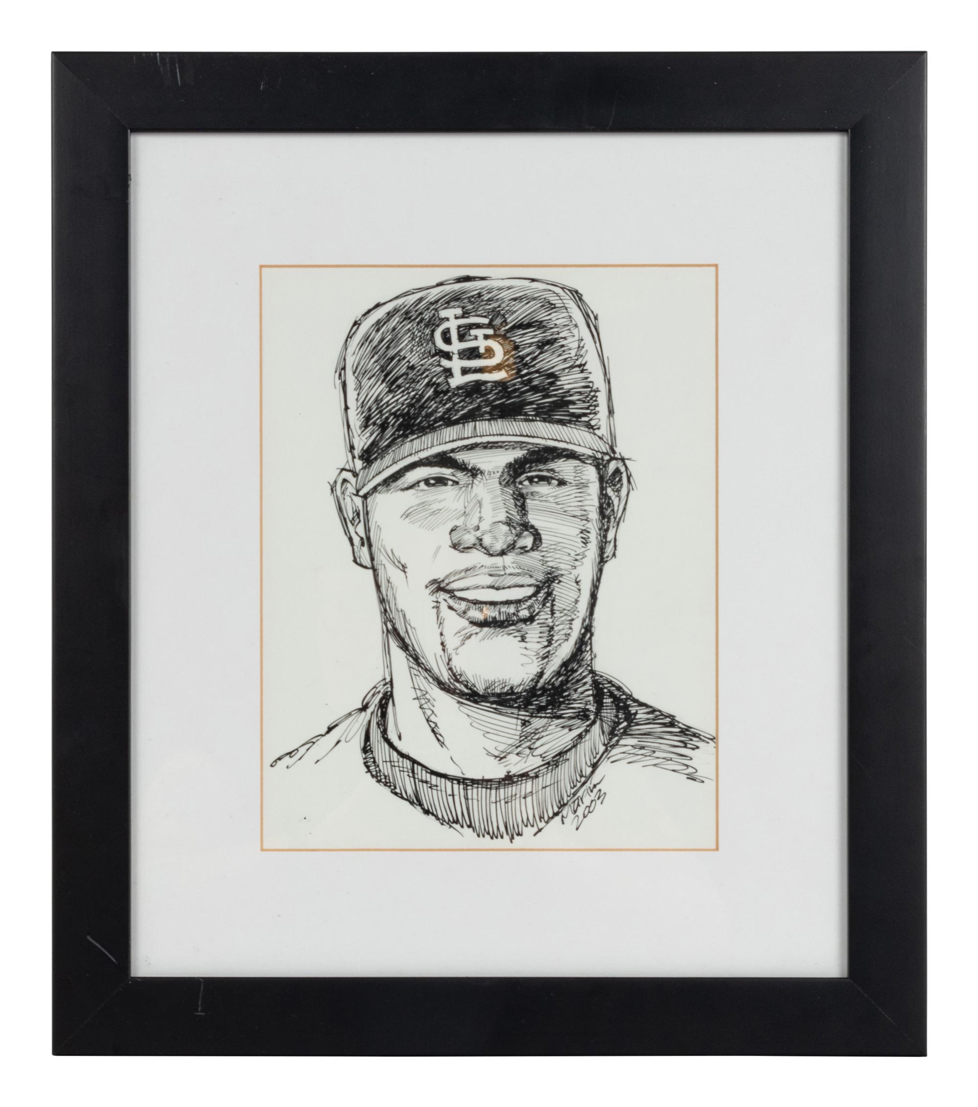 An Original 2003 Pen and Ink Cartoon Portrait of Albert Pujols by St. Louis Post-Dispatch Artist Dan Martin