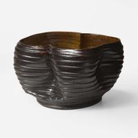 George Ohr (American, 1857-1918) Ribbed and Folded Vessel in Brown and Speckled Ochre Glaze, Biloxi, Mississippi, USA, circa 1897-1900