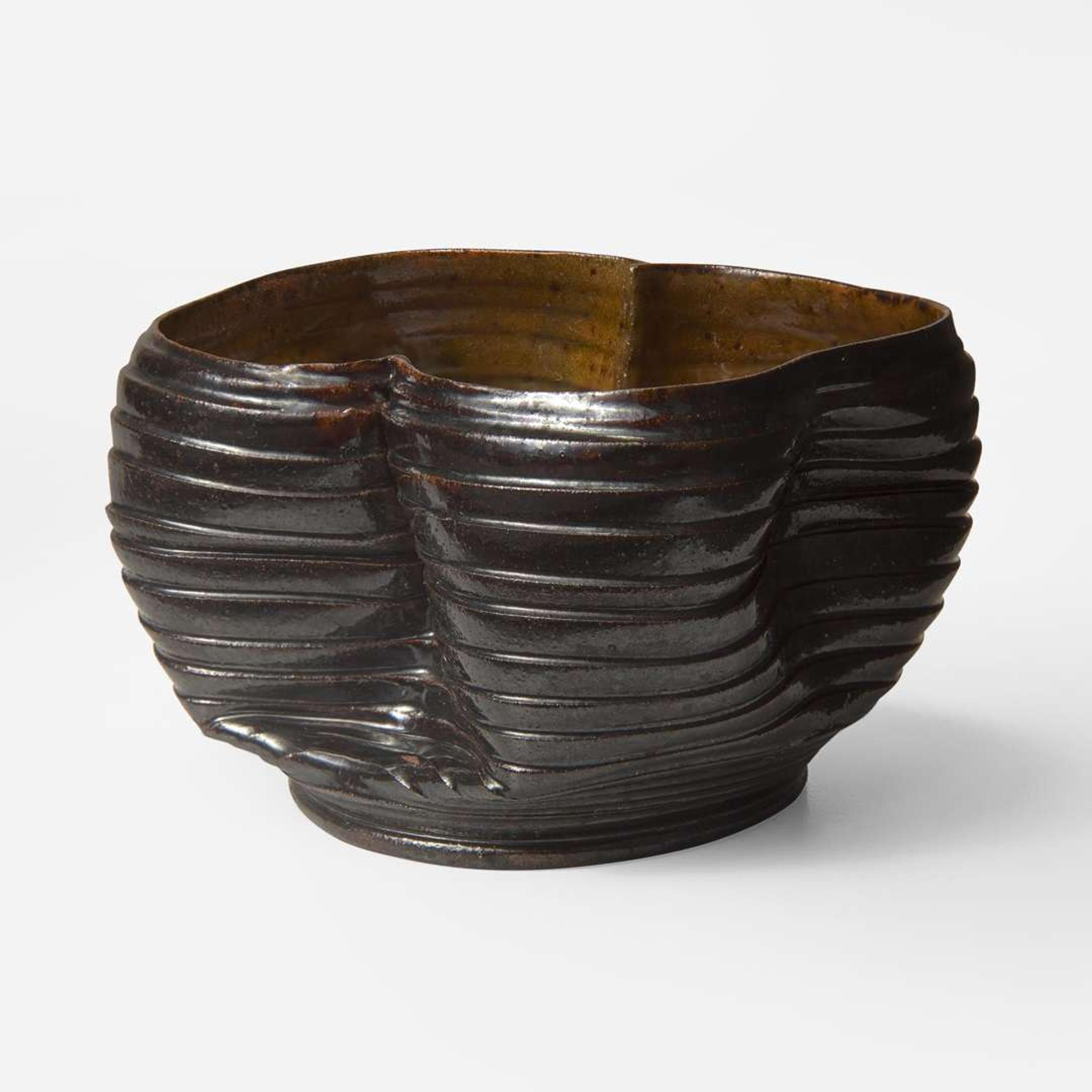George Ohr (American, 1857-1918) Ribbed and Folded Vessel in Brown and Speckled Ochre Glaze, Biloxi, Mississippi, USA, circa 1897-1900