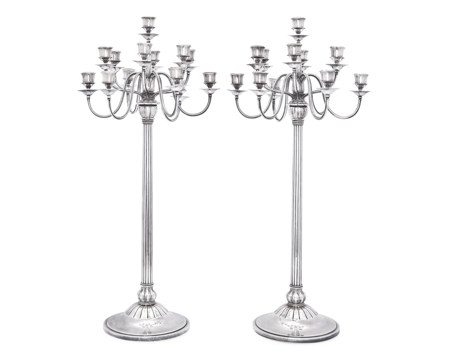 An Impressive Pair of Harald Nielsen Designed Georg Jensen Silver Thirteen-Light Candelabra
