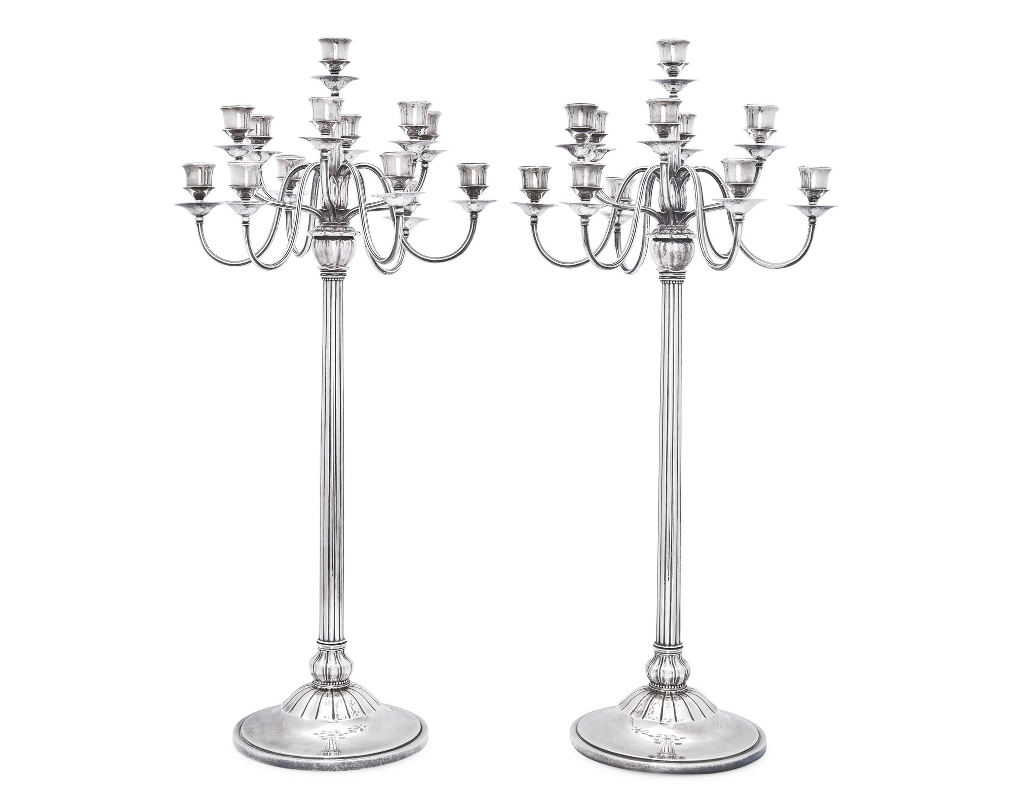 An Impressive Pair of Harald Nielsen Designed Georg Jensen Silver Thirteen-Light Candelabra