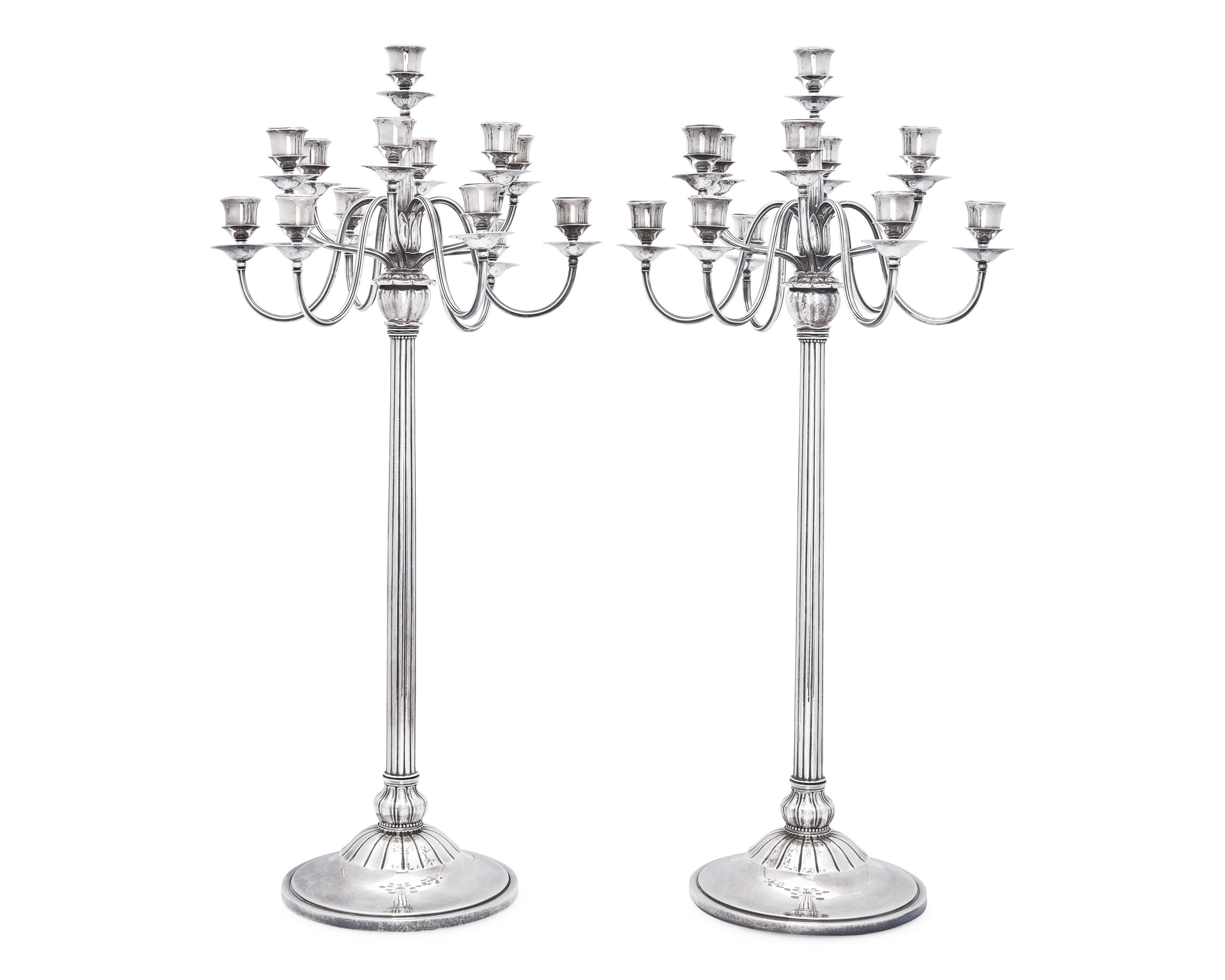 An Impressive Pair of Harald Nielsen Designed Georg Jensen Silver Thirteen-Light Candelabra