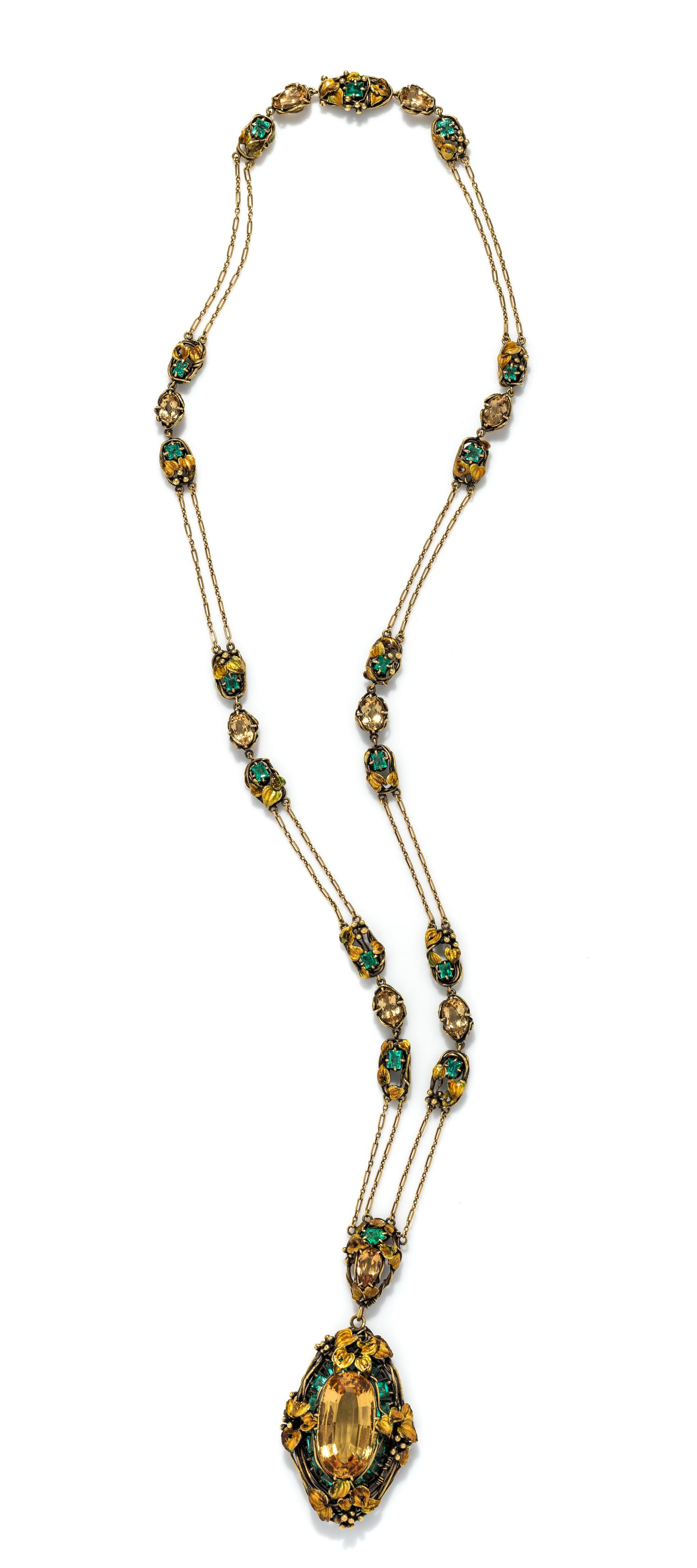 TIFFANY & CO., LOUIS COMFORT TIFFANY, ART NOUVEAU, TOPAZ, EMERALD AND POLYCHROME ENAMEL NECKLACE