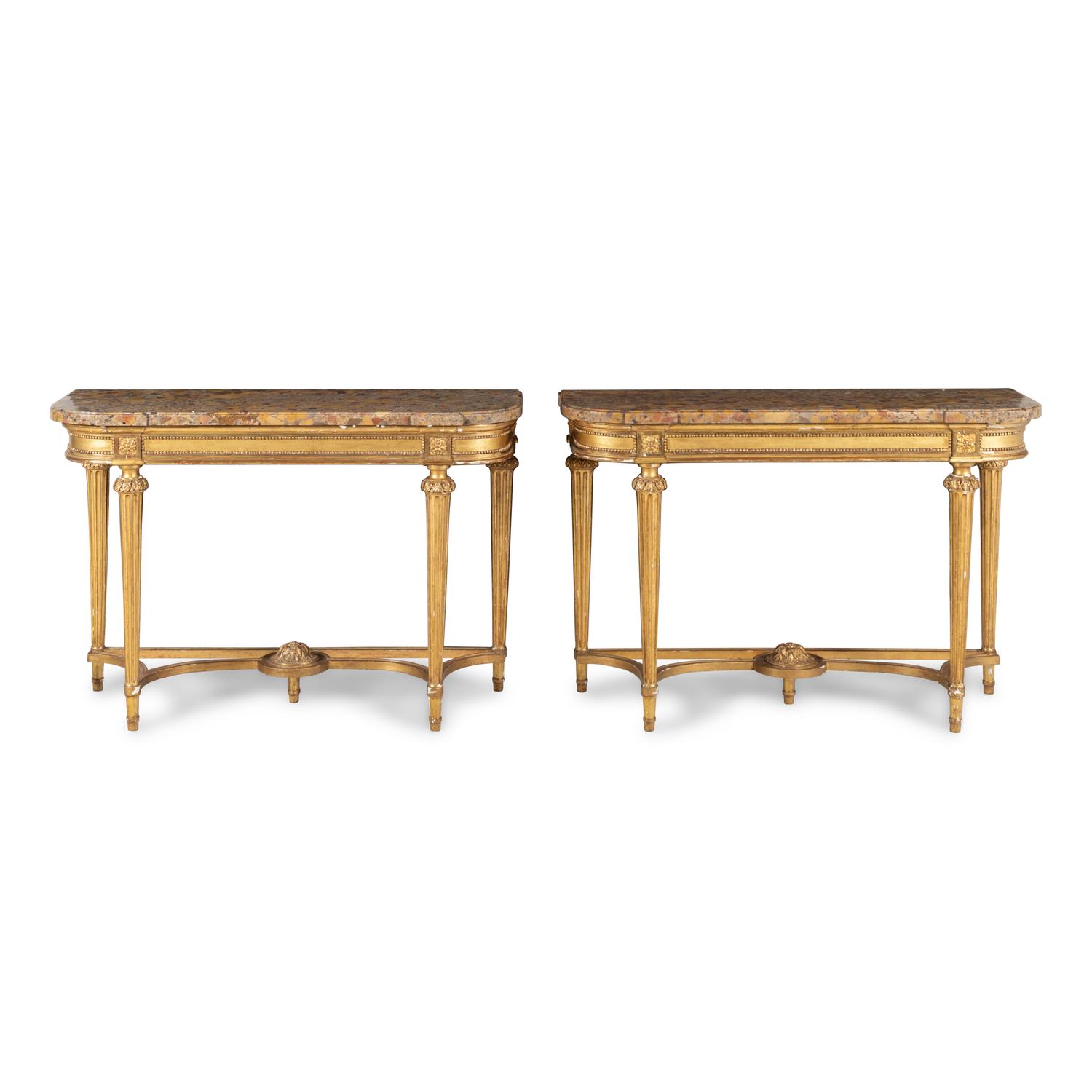 A Pair of Louis XVI Style Giltwood and Marble-Top Console Tables