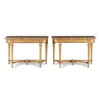 A Pair of Louis XVI Style Giltwood and Marble-Top Console Tables