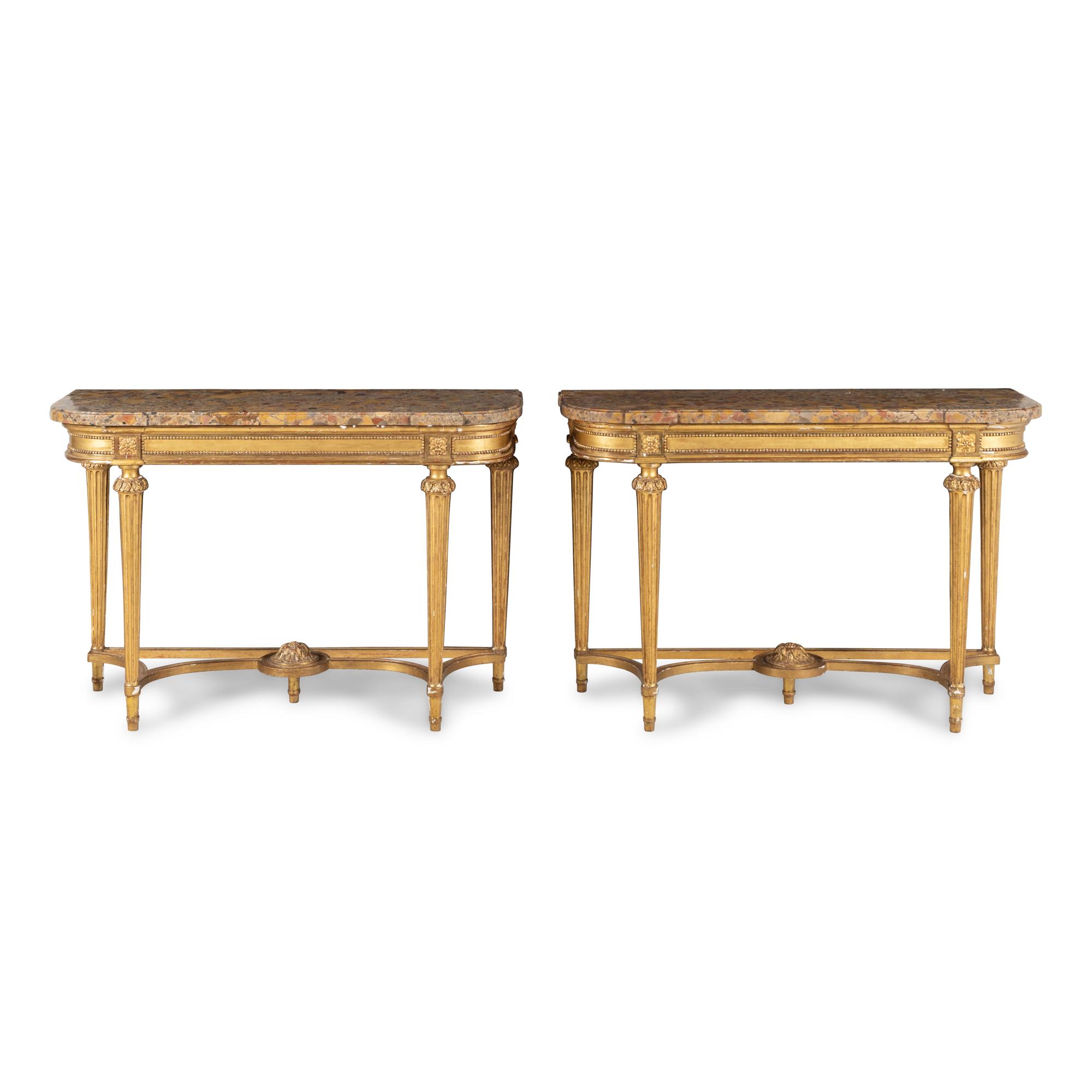A Pair of Louis XVI Style Giltwood and Marble-Top Console Tables
