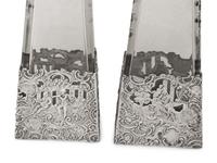 A Pair of American Silver Mounted Etched Glass Decanters
